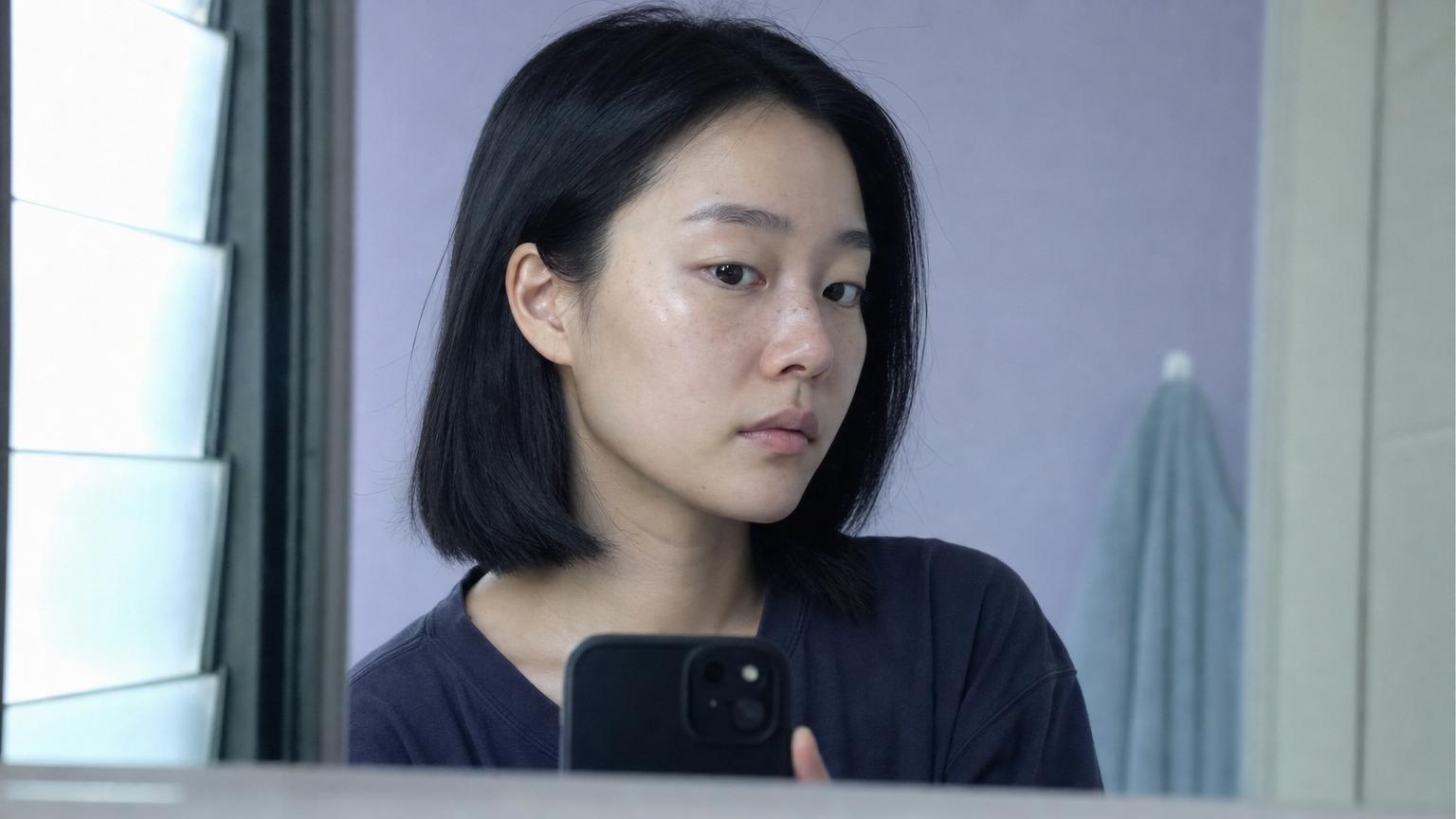Photorealistic 50mm portrait of a Singaporean-Korean woman in her late twenties with heart-shaped face and jet black mid-length blunt cut hair taking a bathroom mirror selfie 4 weeks after a single Korean Volnewmer monopolar RF session showing essentially the same starting jawline definition with no visible lifting yet, expression uncertain and slightly worried in the false plateau dead zone, cool morning overcast 5800K daylight from a frosted window with glacier blue tonal cast and lavender wall accent, no makeup natural under-eye softness visible
