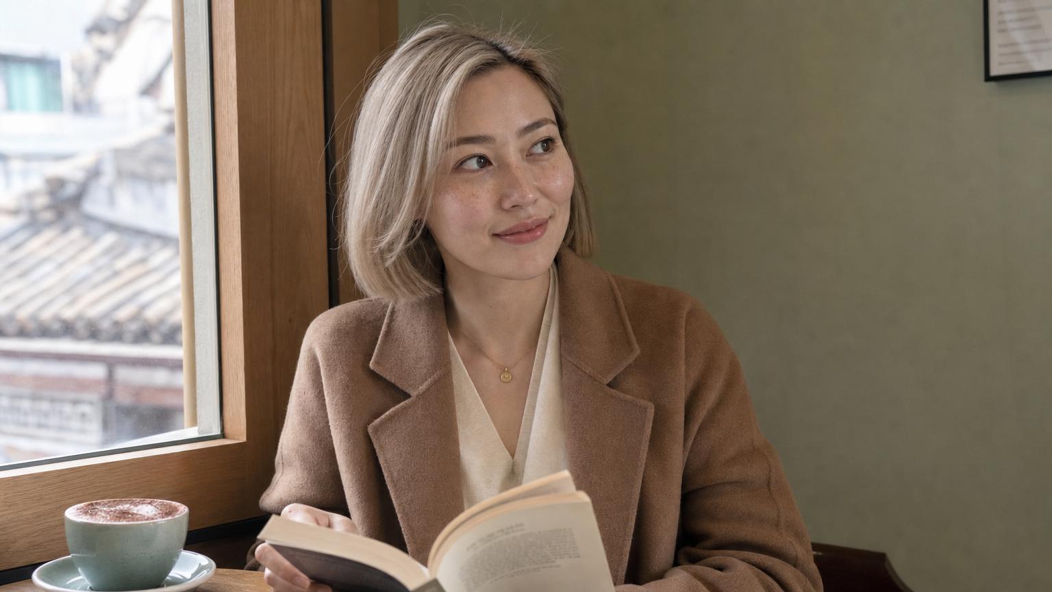 Candid documentary portrait of a Caucasian-Korean woman in her mid 30s seated by a window in a Seoul Bukchon-style cafe holding an open paperback book four weeks after Restylane Kysse showing the fully settled lip filler result with naturally proportioned 1:1.3-1.5 upper-to-lower ratio, gently defined philtrum column, softly contoured cupid's bow, neutral lateral commissures, and Korean natural standard without duck-pout or shiny filler appearance, photographed in cocoa brown table and ivory wall with jade saucer accent and cool gray window light