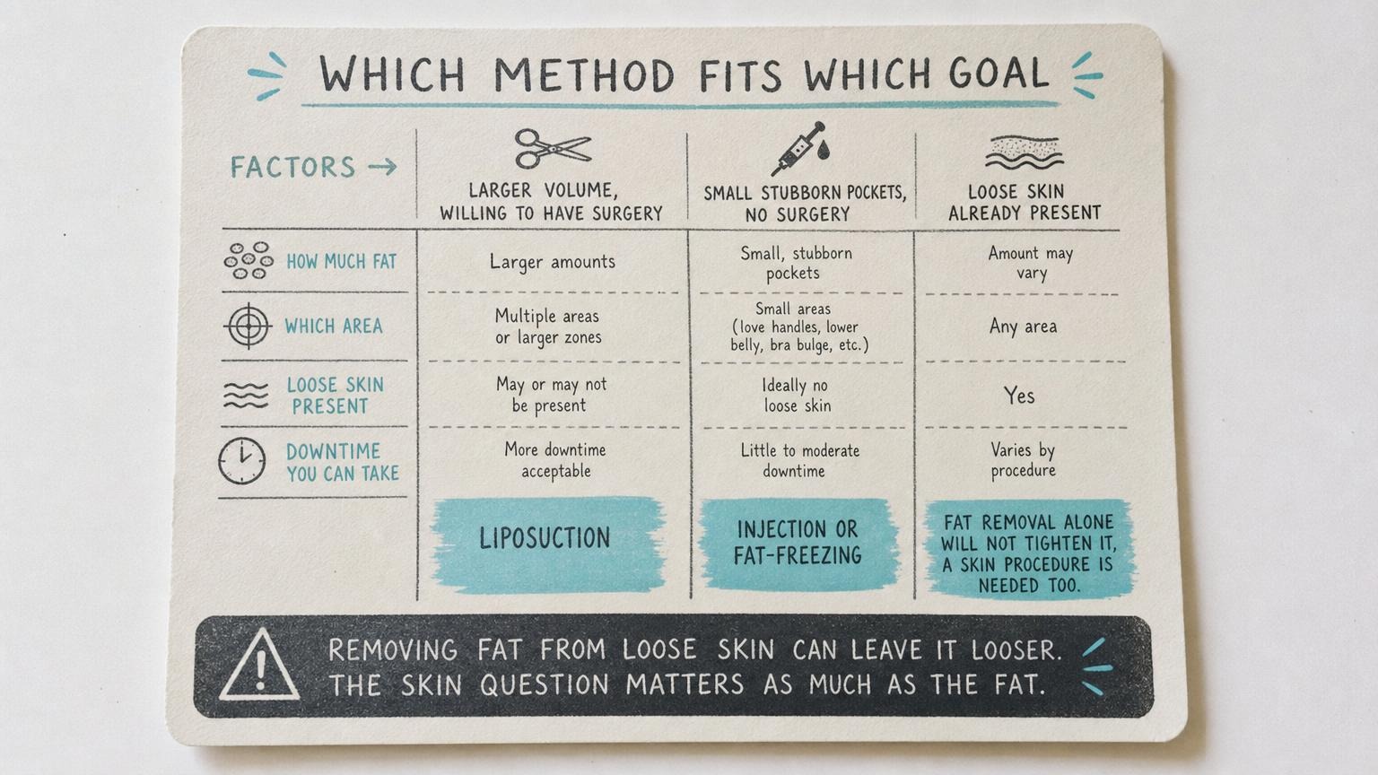 Which fat reduction method fits which goal: volume, area, loose skin, downtime