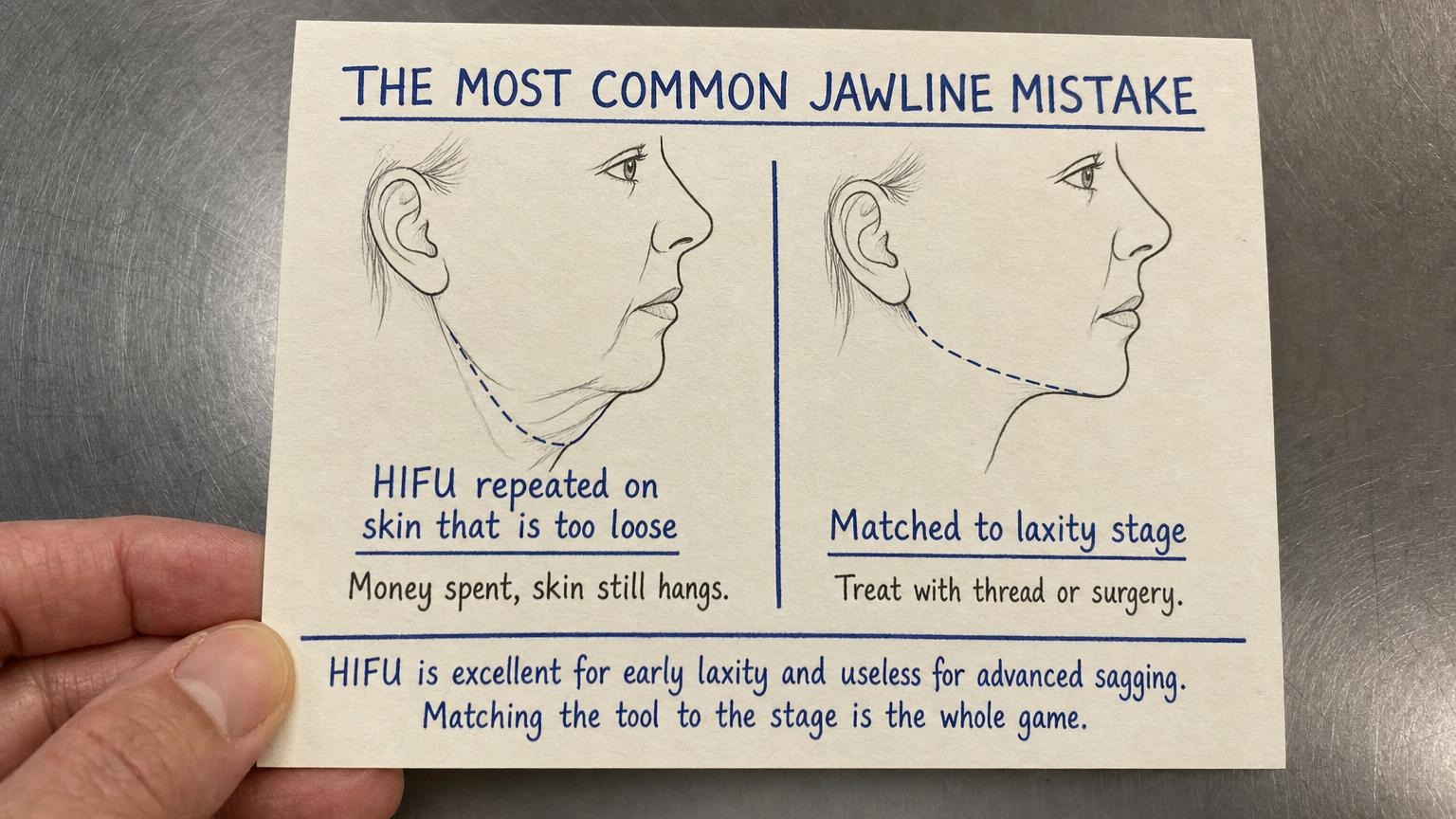 The most common jawline mistake: repeating HIFU on skin too loose for it vs matching tool to stage