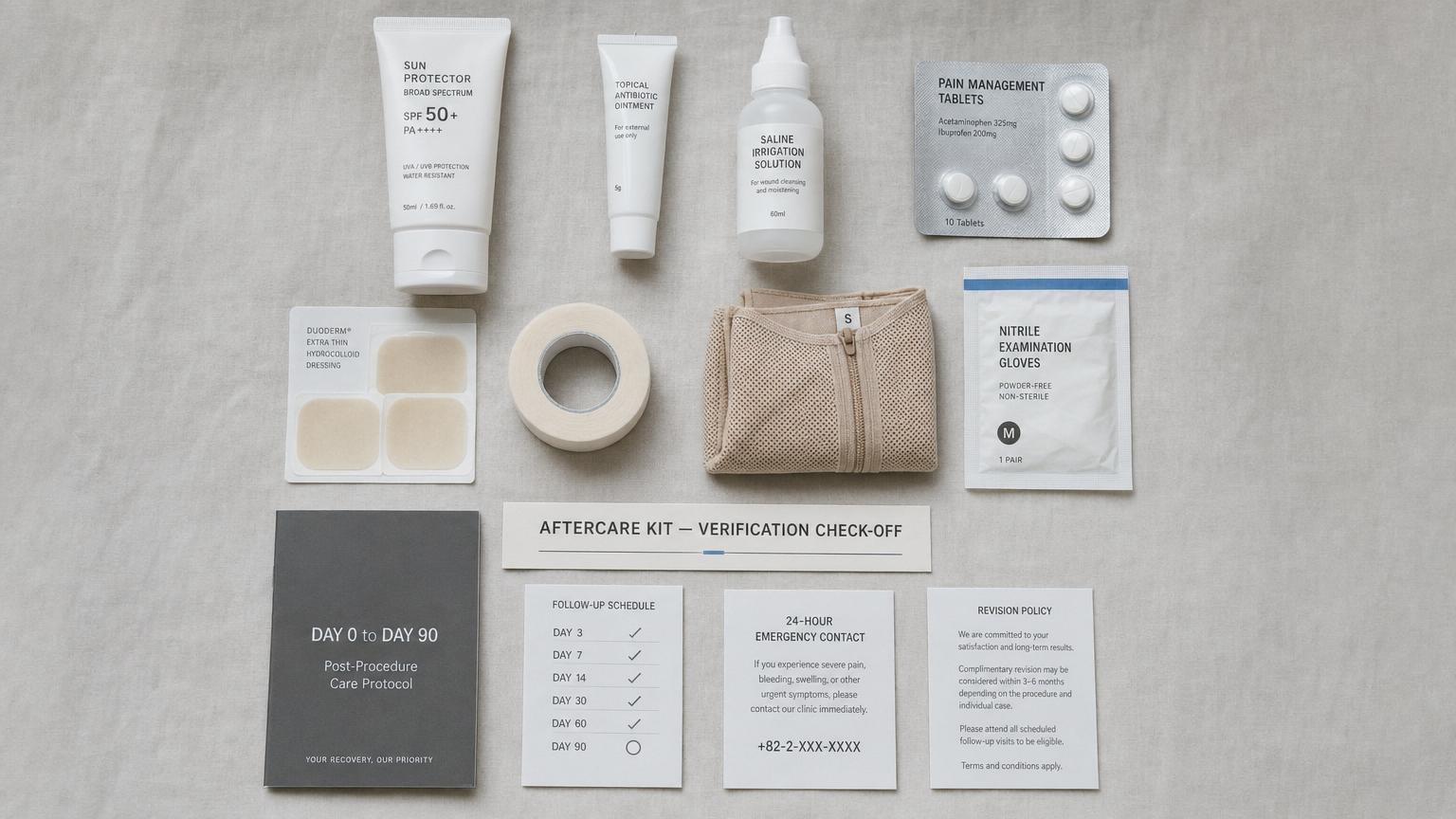 Complete Korean aesthetic clinic aftercare kit — SPF 50+ medical sunscreen, topical antibiotic ointment, saline irrigation, oral pain management, duoderm hydrocolloid sheets, paper surgical tape, compression garment sample, nitrile gloves, printed aftercare booklet, follow-up schedule card, 24-hour emergency contact, and revision policy card.