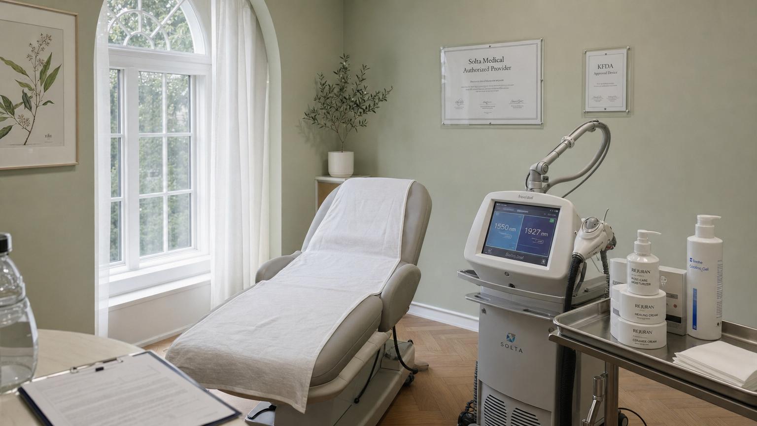 Authorized Solta Fraxel Dual consultation room in a modern Korean dermatology clinic with a Scandinavian bright white and pale oak aesthetic, the Solta Fraxel Dual device console with active touchscreen visible on the side showing both 1550nm and 1927nm wavelength toggles, a framed KFDA registration certificate and Solta authorization documentation on the wall, sealed treatment tip packaging on a stainless tray, and bright cool natural daylight from a frosted window emphasizing the verification-first Korean Fraxel environment