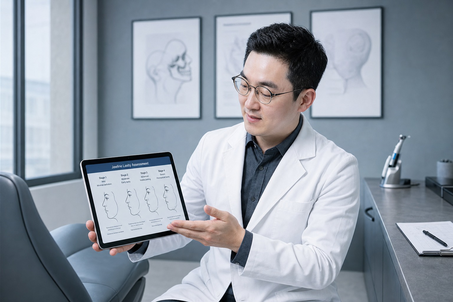 Dr. Jung Min Su at Link Plastic Surgery assessing jawline laxity stage for a patient