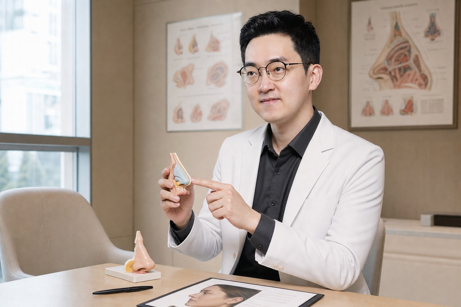 Dr. Jung Min Su at Link Plastic Surgery explaining rhinoplasty material options