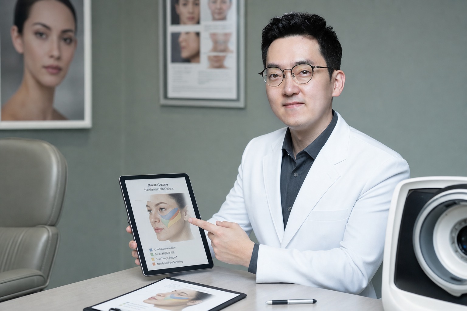 Dr. Jung Min Su at Link Plastic Surgery assessing nasolabial fold cause