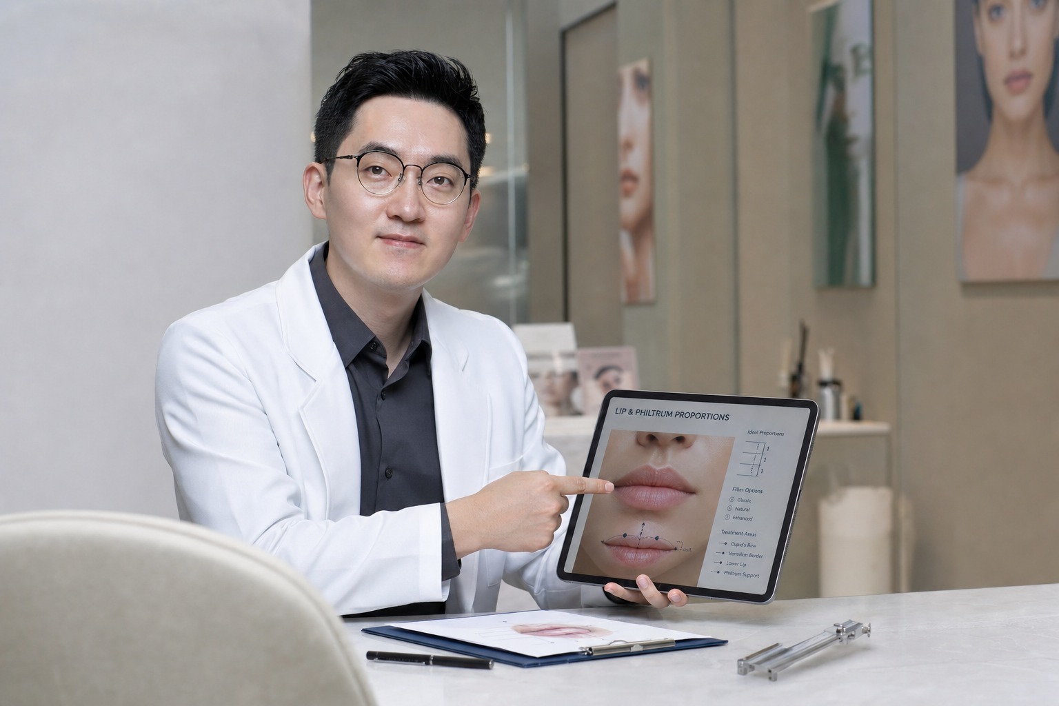 Dr. Jung Min Su at Link Plastic Surgery assessing lip volume vs proportion