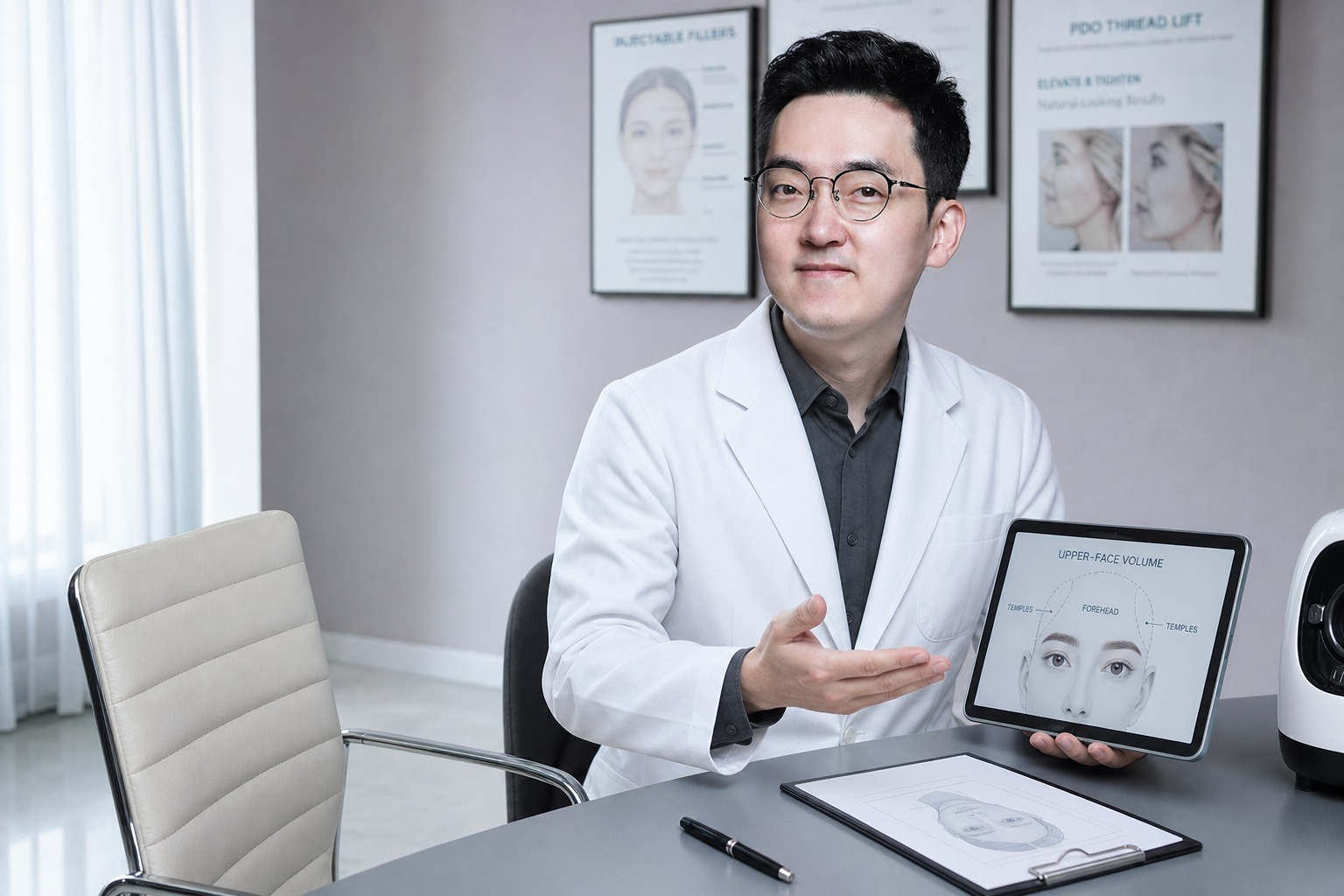 Dr. Jung Min Su at Link Plastic Surgery assessing upper-face volume