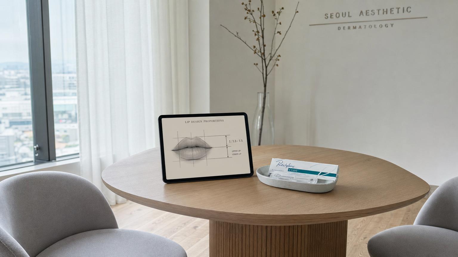 Wide interior photograph of a Seoul cosmetic dermatology consultation room with Scandinavian pure white walls and pale oak wood floor showing a low oak consultation table with two dove-gray upholstered chairs, a tablet displaying a Korean lip design proportion overlay diagram with the 1:1.3-1.5 ratio markup, a ceramic tray holding a sealed Restylane Kysse syringe in original Galderma packaging with the teal-and-white Kysse-line label visible, and bare willow branches in soft focus background under cool overcast 5500K daylight through sheer linen curtain