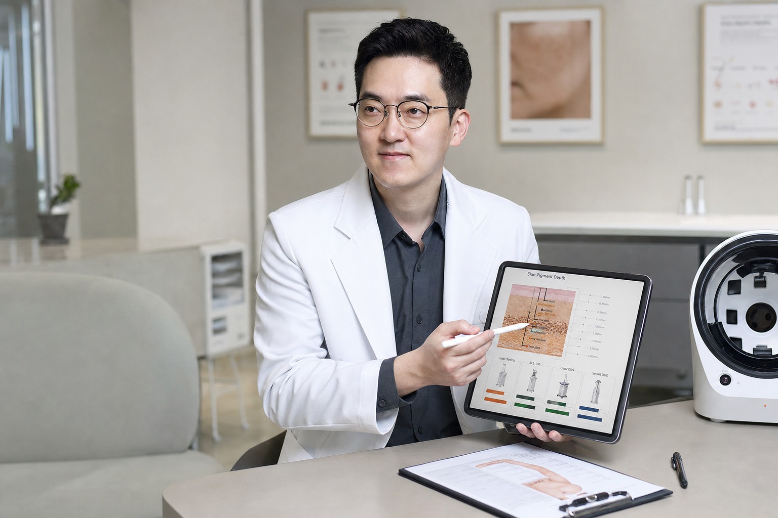 Dr. Jung Min Su at Link Plastic Surgery classifying pigmentation type