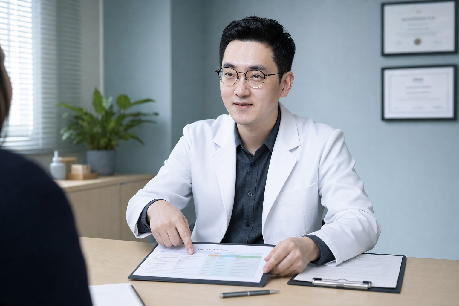 Dr. Jung Min Su at Link Plastic Surgery in an honest consultation