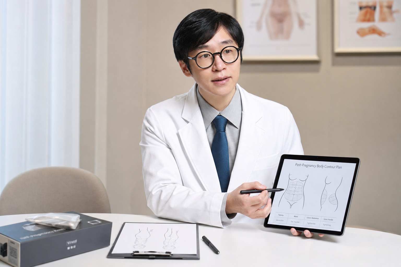 Dr. Sung Ha Min at Link Plastic Surgery planning a post-pregnancy body plan