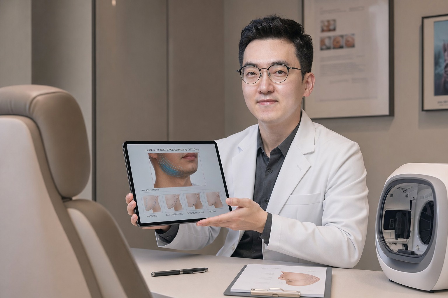 Dr. Jung Min Su at Link Plastic Surgery assessing the cause of facial width