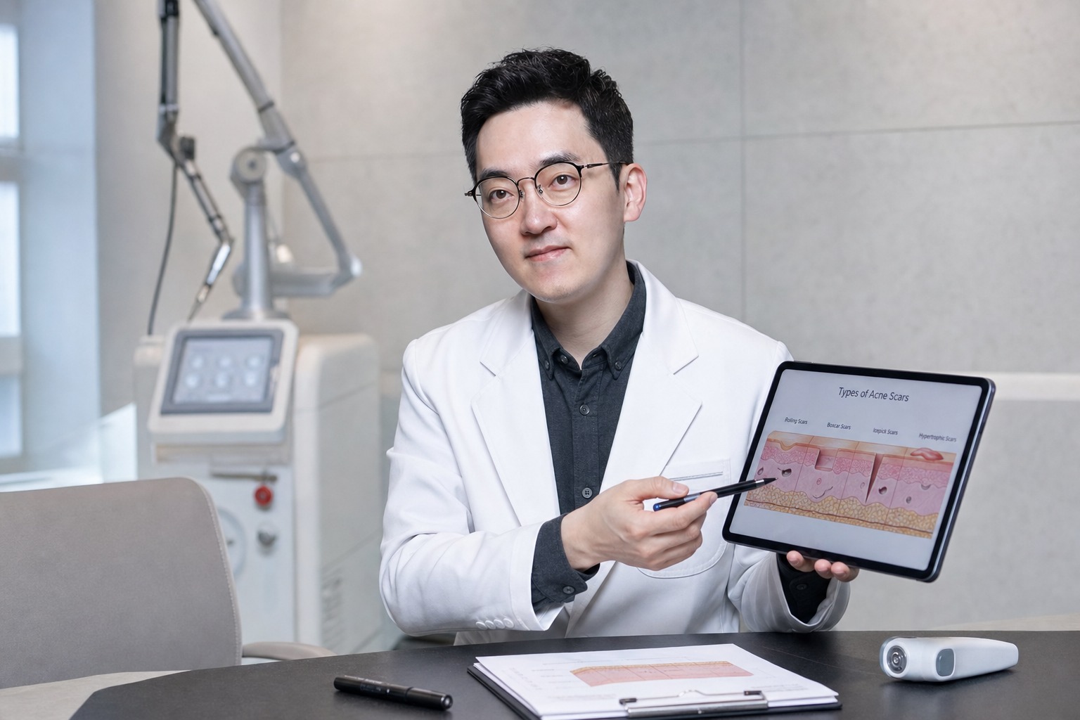 Dr. Jung Min Su at Link Plastic Surgery planning a multi-session acne scar plan