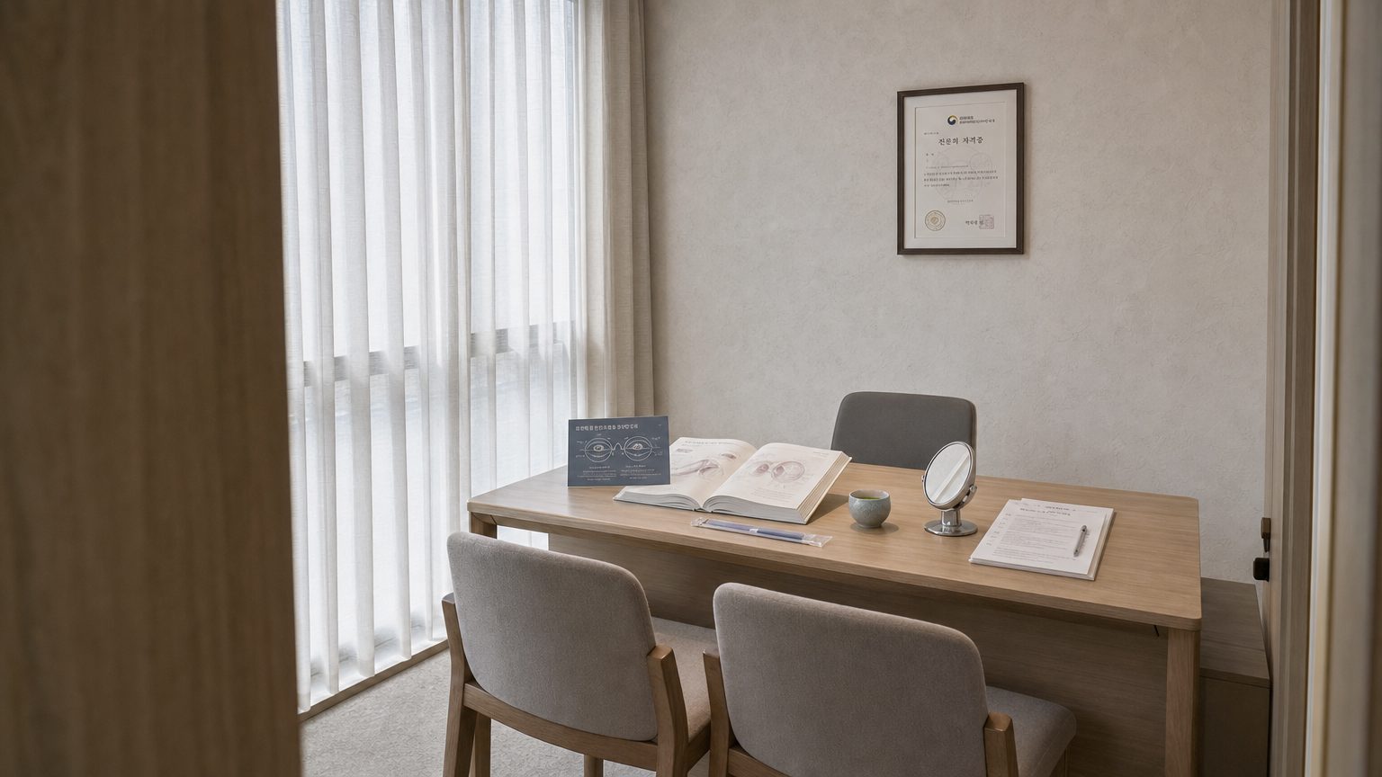 Editorial documentary photograph of an empty Seoul plastic surgery consultation room set up for Korean epicanthoplasty pre-operative assessment — pale oak consultation desk with two facing chairs, open anatomy reference book showing epicanthal fold diagram on the page, printed Korean epicanthoplasty patient education card on slate blue-gray cardstock, sealed sterile surgical marking pen in plastic wrap, clean handheld vanity mirror angled toward patient chair, small ceramic cup of green tea, neatly folded clean paper consent forms with English-Korean bilingual header