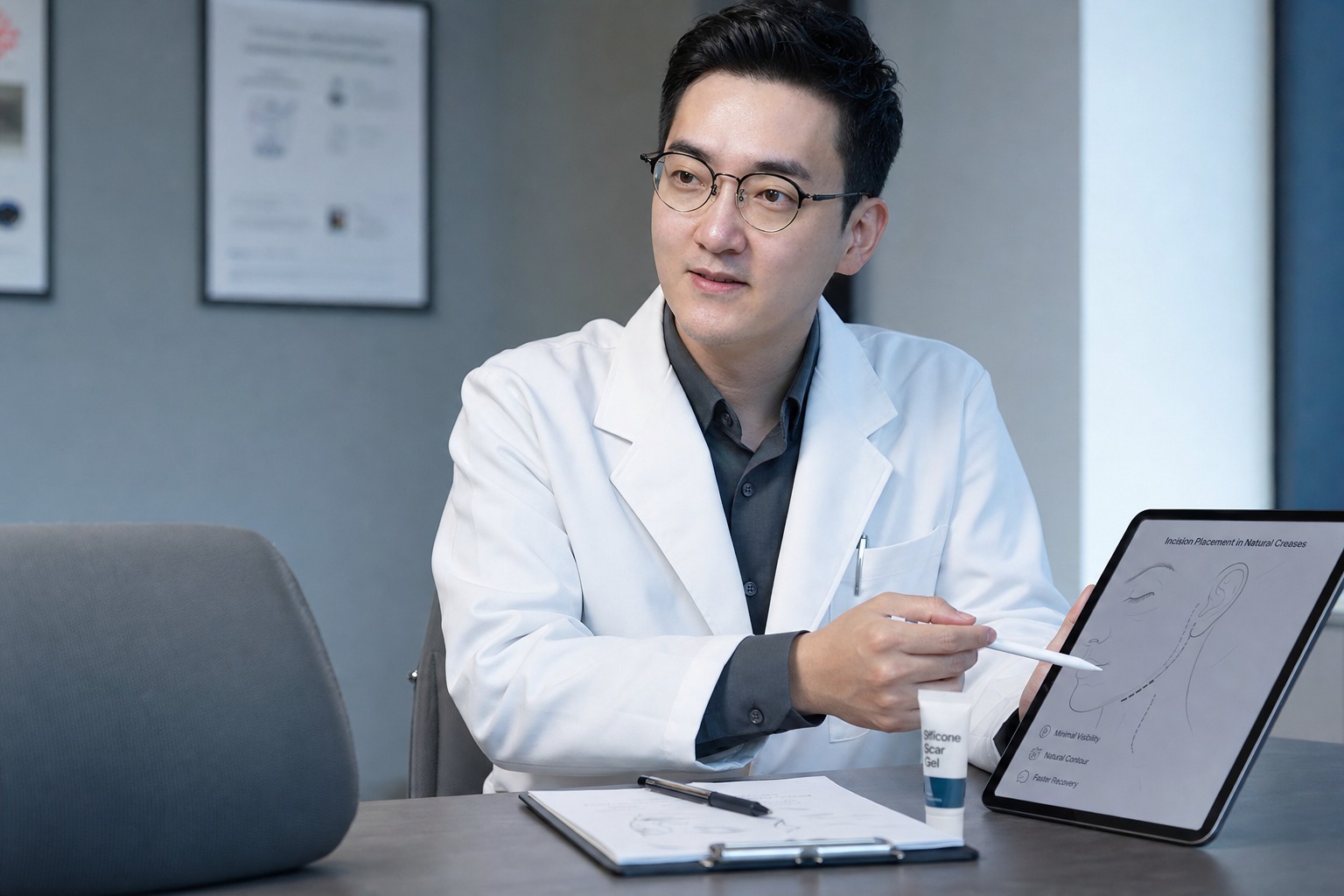 Dr. Jung Min Su at Link Plastic Surgery explaining scar placement and aftercare