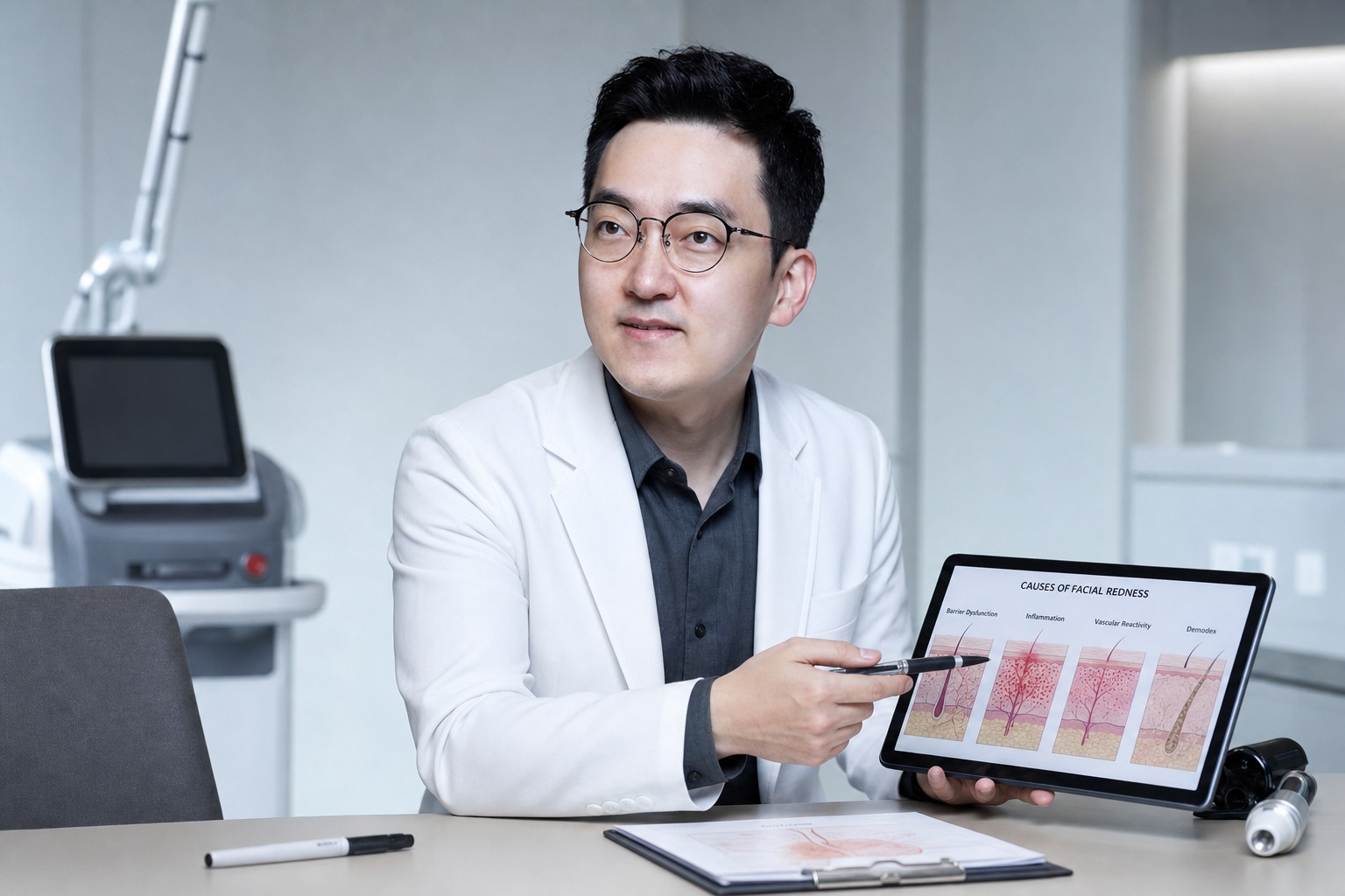 Dr. Jung Min Su at Link Plastic Surgery planning a cause-matched redness plan