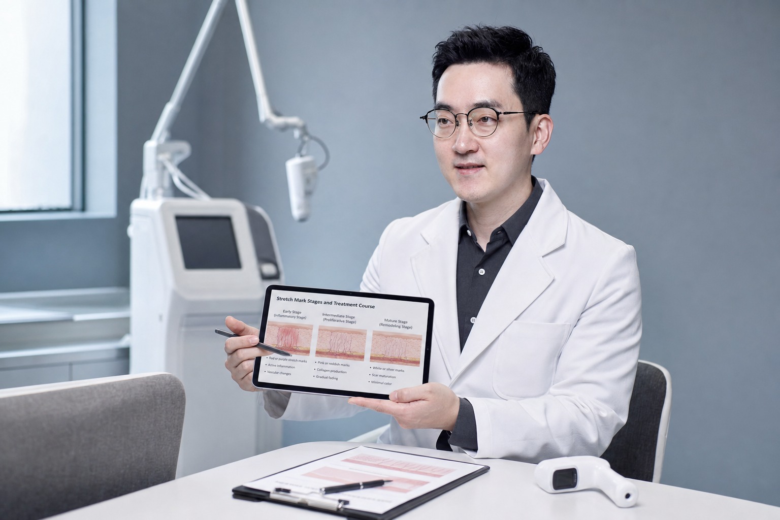 Dr. Jung Min Su at Link Plastic Surgery planning a stretch mark course
