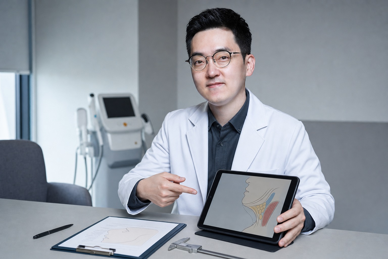 Dr. Jung Min Su at Link Plastic Surgery reading the profile for a double chin