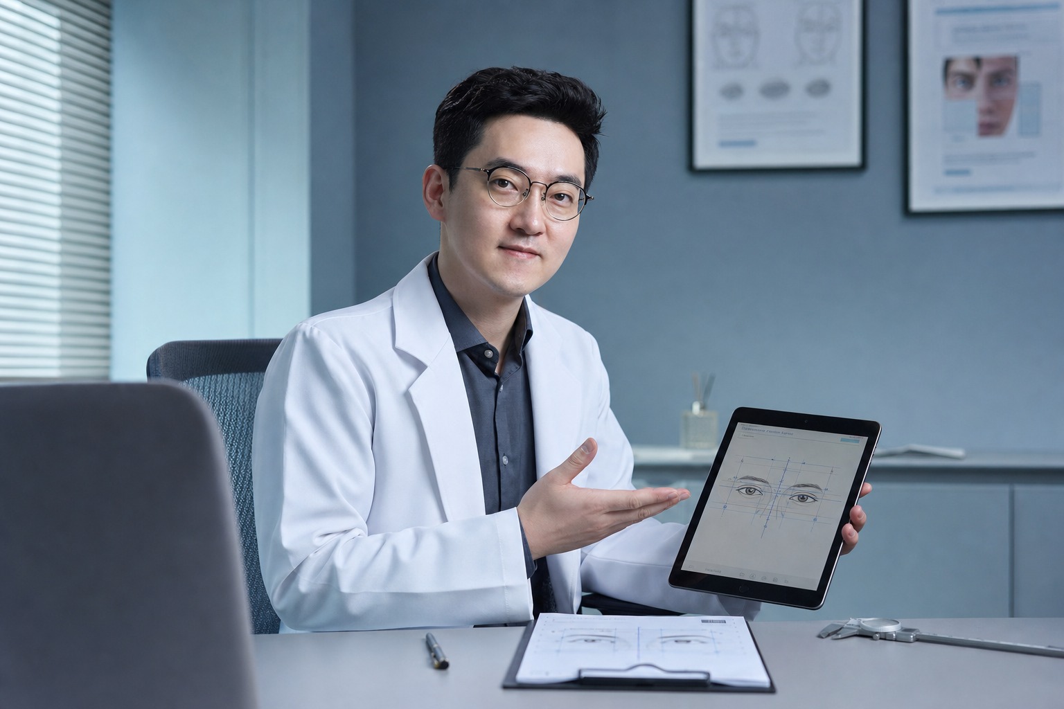 Dr. Jung Min Su at Link Plastic Surgery explaining eye symmetry