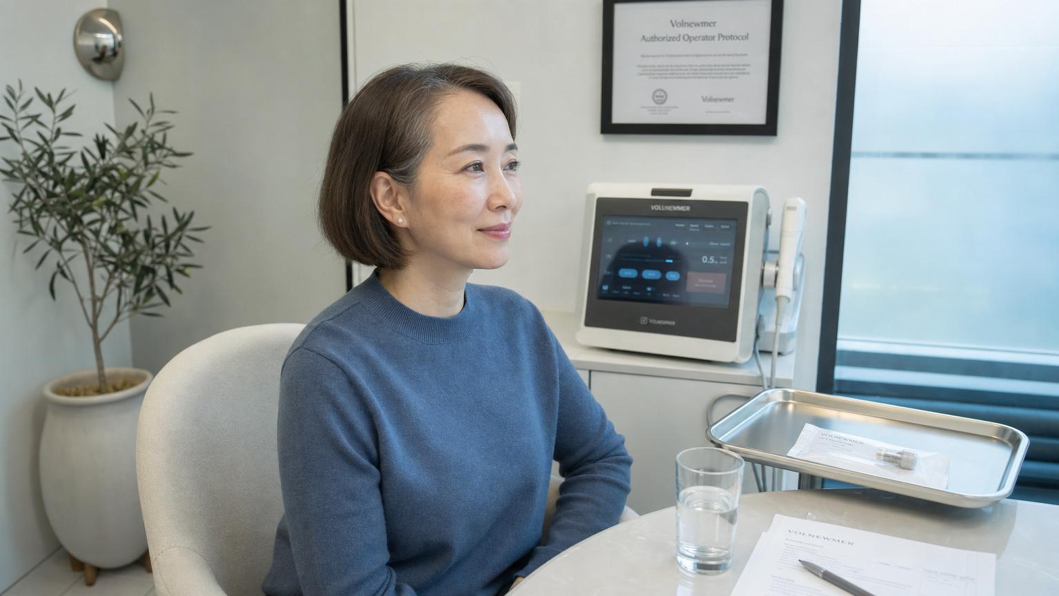 Photorealistic environmental portrait of a Korean-Canadian woman in her late thirties with square jawline and ash brown bob with natural gray temple strands seated at her 12-week Volnewmer follow-up consultation in a modern Seoul Korean dermatology clinic showing a clearly more defined jawline and elevated mid-face from collagen contraction with all natural age markers preserved including fine eye-corner lines subtle nasolabial fold and gray strands not erased, leaf green plant accent and glass cool gray partition with slate blue knit top in late afternoon cool 4500K clinic daylight no warm bias