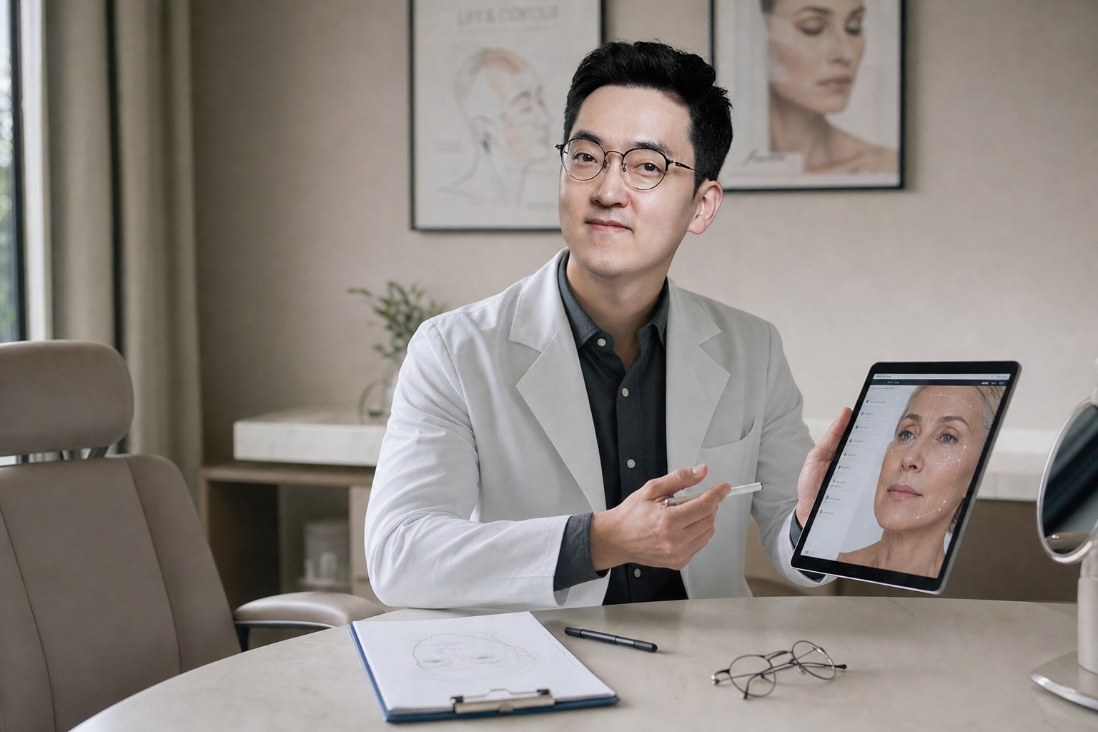 Dr. Jung Min Su at Link Plastic Surgery advising a mature patient