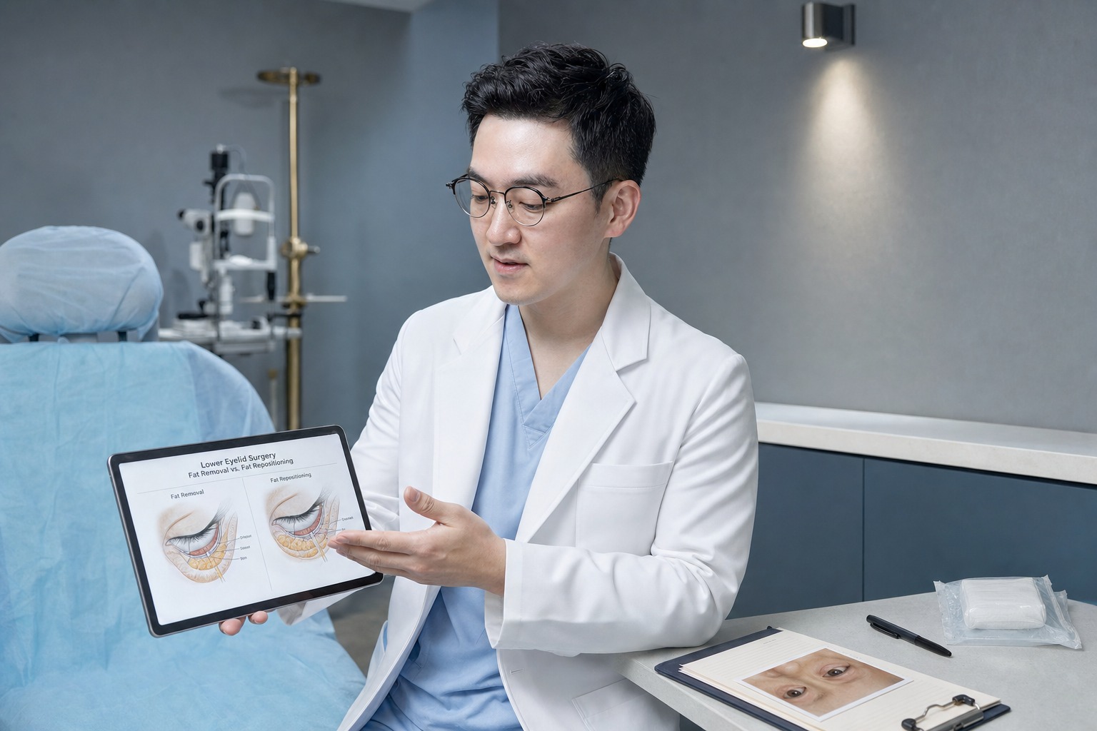 Dr. Jung Min Su at Link Plastic Surgery reviewing lower eyelid fat decision