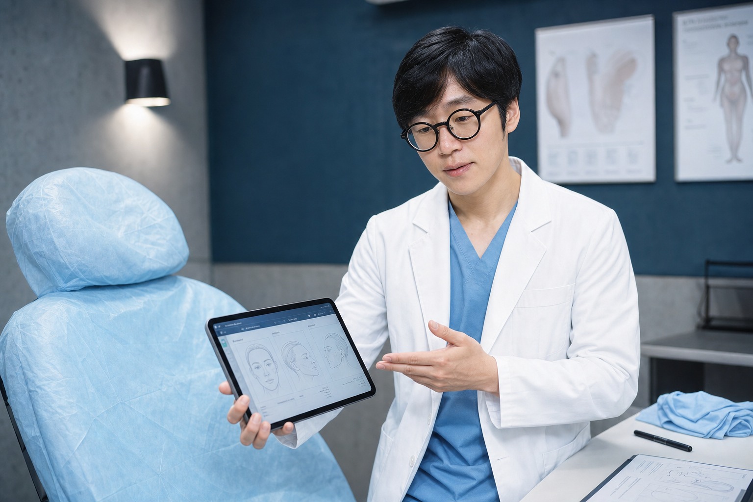 Dr. Sung Ha Min at Link Plastic Surgery reviewing breast lift plan with ptosis grading diagram