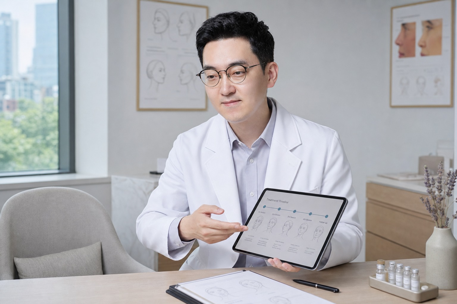 Dr. Jung Min Su at Link Plastic Surgery reviewing a multi-session skin booster stacking plan