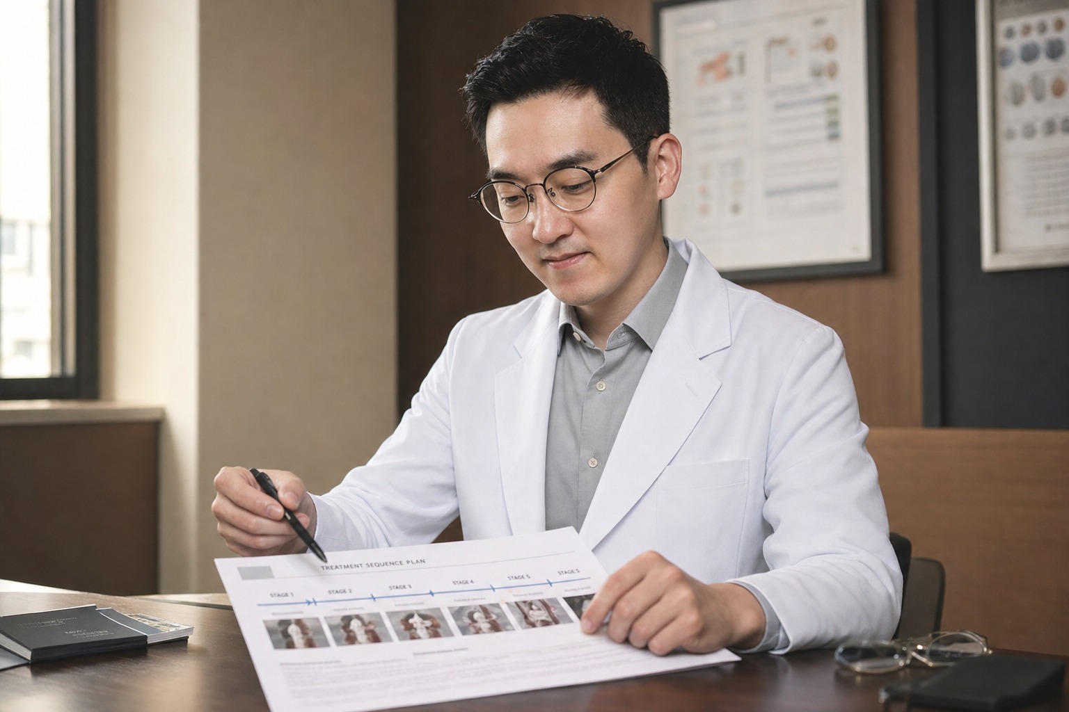 Dr. Jung Min Su at Link Plastic Surgery explaining a staged procedure sequencing plan