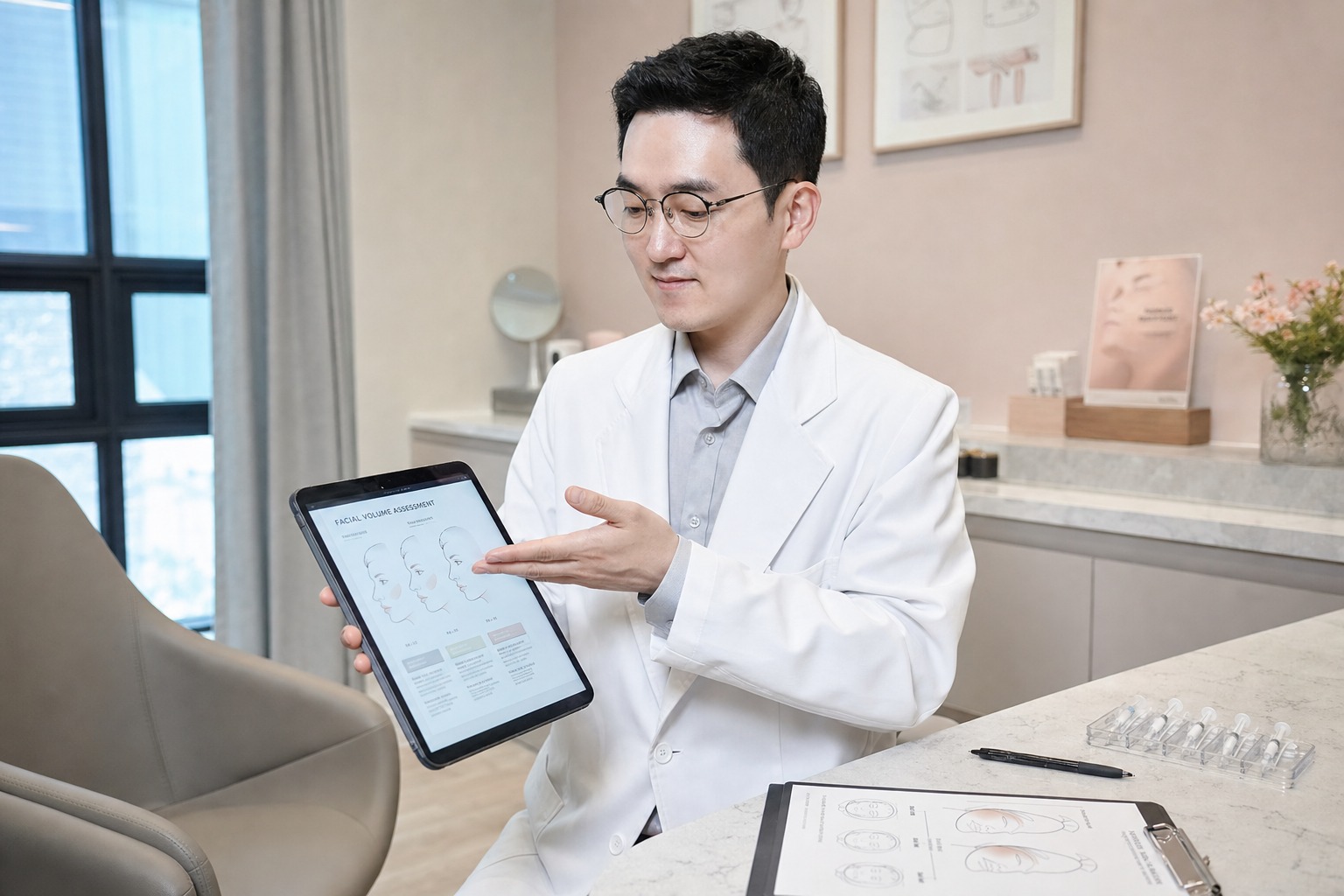 Dr. Jung Min Su at Link Plastic Surgery assessing facial volume options for a patient
