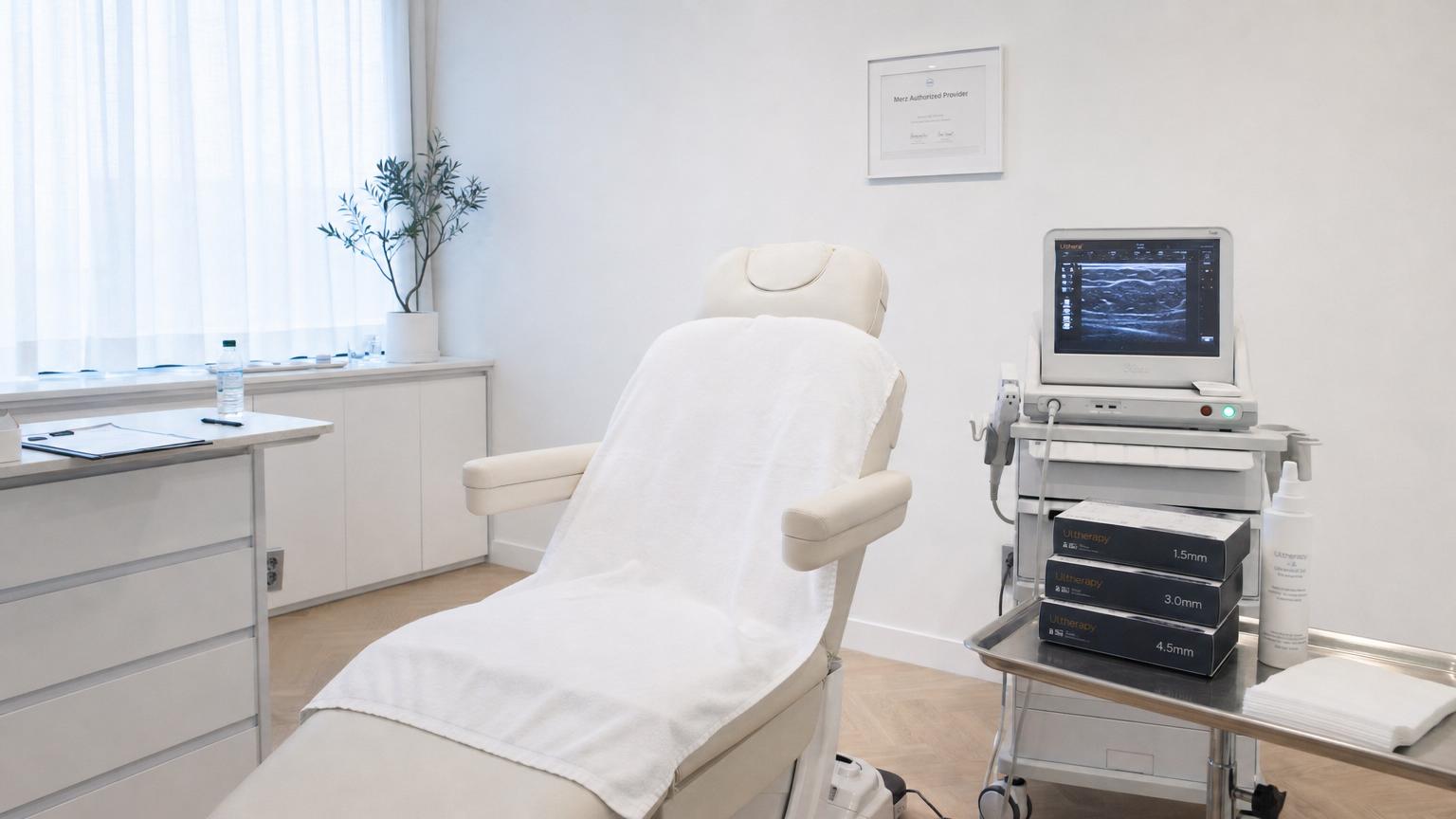 Authorized Merz Ultherapy consultation room in a modern Korean plastic surgery clinic with a cool clinical white and pale blue aesthetic, the device console with active DeepSEE imaging screen visible on the side, a framed Merz Korea certificate of authorization on the wall, sealed cartridge packaging on a stainless tray, and bright cool natural daylight from a frosted window emphasizing the verification-first Korean Ultherapy environment