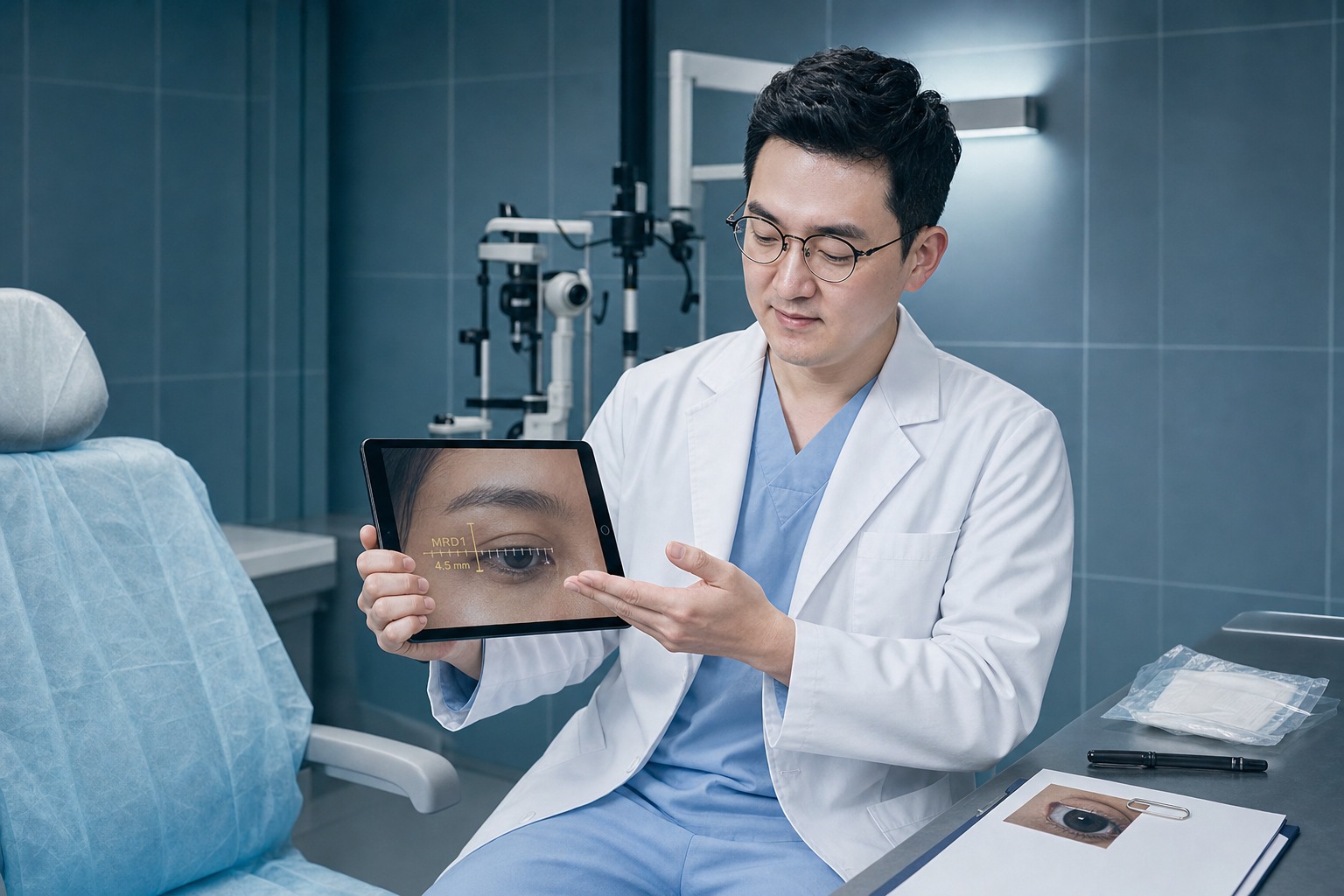 Dr. Jung Min Su at Link Plastic Surgery reviewing an MRD1 measurement on a digital tablet in the eye revision consultation room.