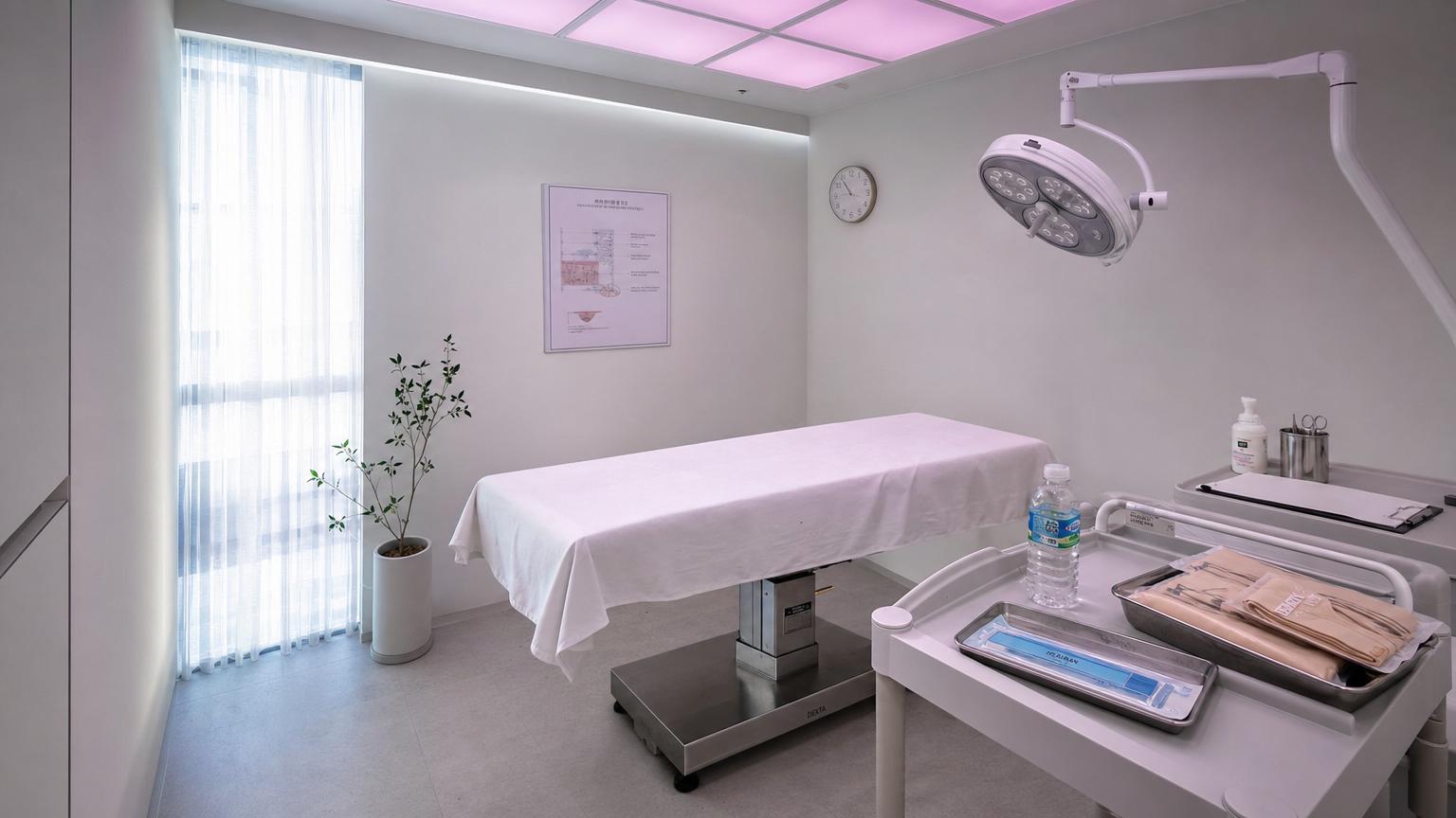 Modern Korean body surgery operating and recovery room in a bright Scandinavian white and pale oak aesthetic with sealed 2 mm and 3 mm micro-cannula packaging on a stainless tray, a tumescent infiltration setup, and bright cool natural daylight from a frosted window emphasizing the precision-protocol Korean liposuction environment