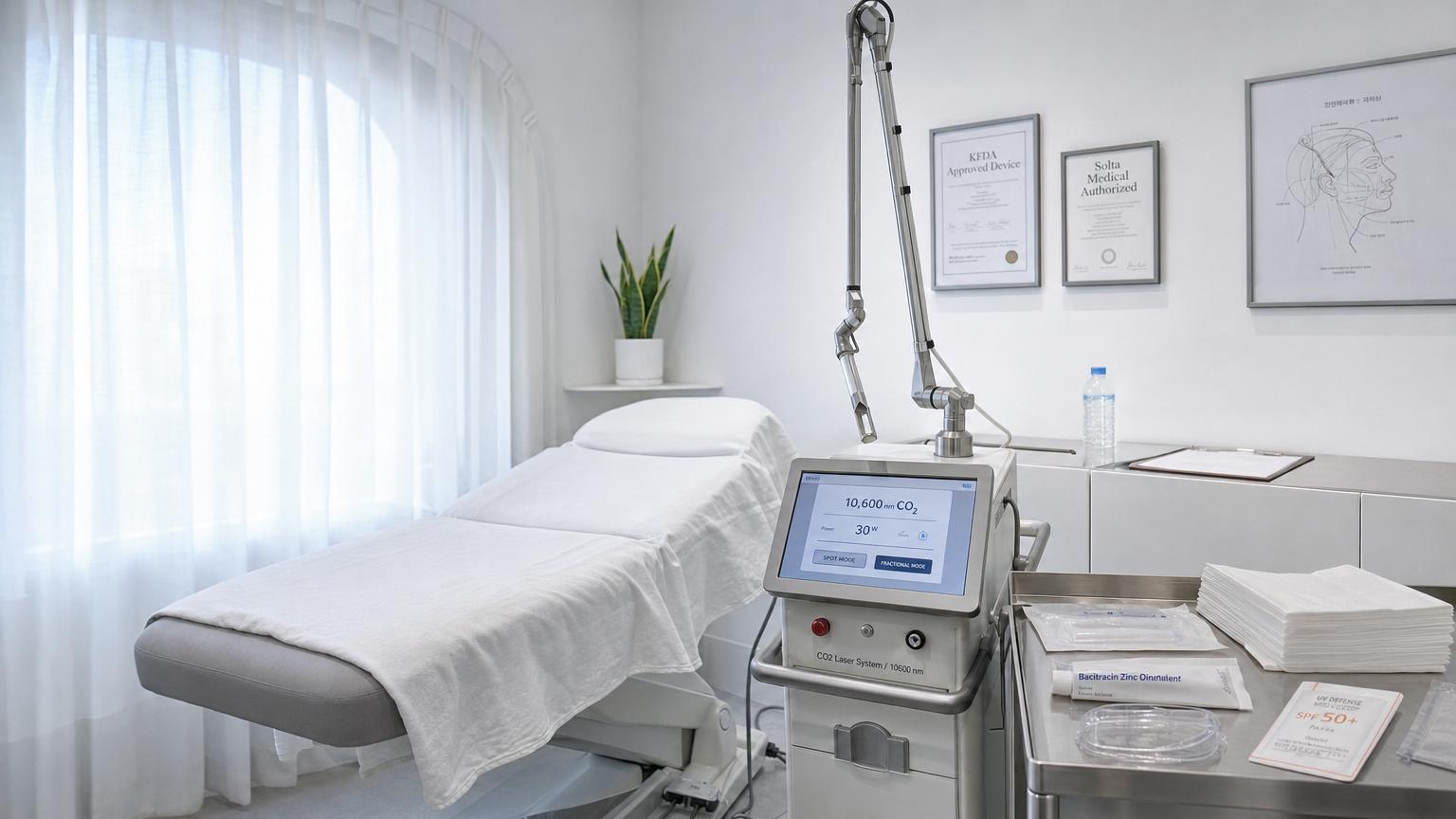 Cool clinical white minimalist Seoul Korean dermatology CO2 laser treatment room interior with pale gray polished concrete floor a sleek pale gray upholstered treatment chair an actual CO2 laser console with active touchscreen showing 10600nm CO2 wavelength readout and spot mode fractional mode selector a stainless steel side tray with sterile gauze antibacterial ointment SPF 50+ sunscreen and a snake plant pale sage accent.