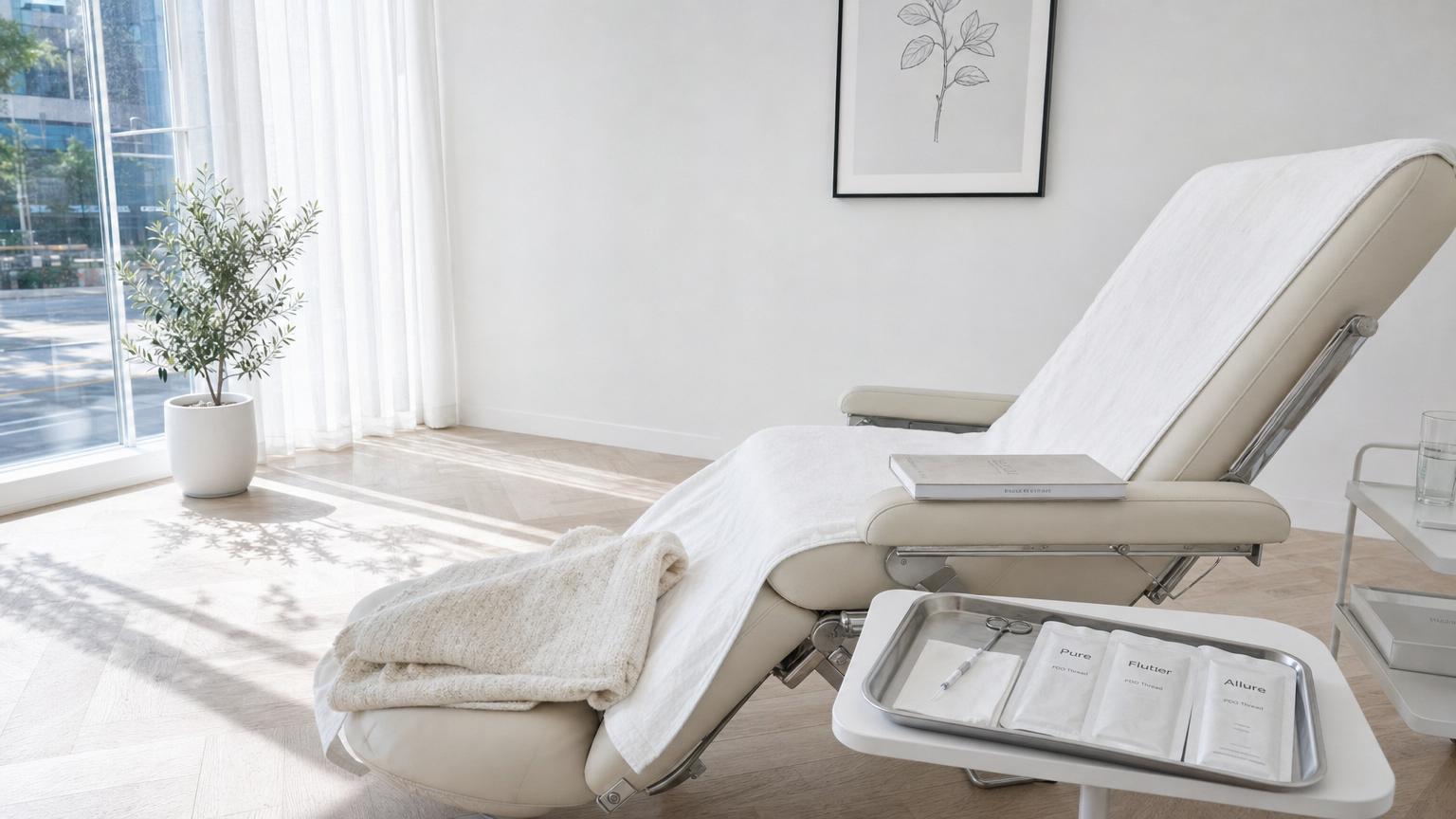 Modern Korean lifting and energy device treatment room in bright dove gray and pale oak Scandinavian aesthetic with sealed PDO cog thread cannula packaging, a Volnewmer monopolar RF handpiece on a cleanly organized tray, and bright cool natural daylight from a frosted window
