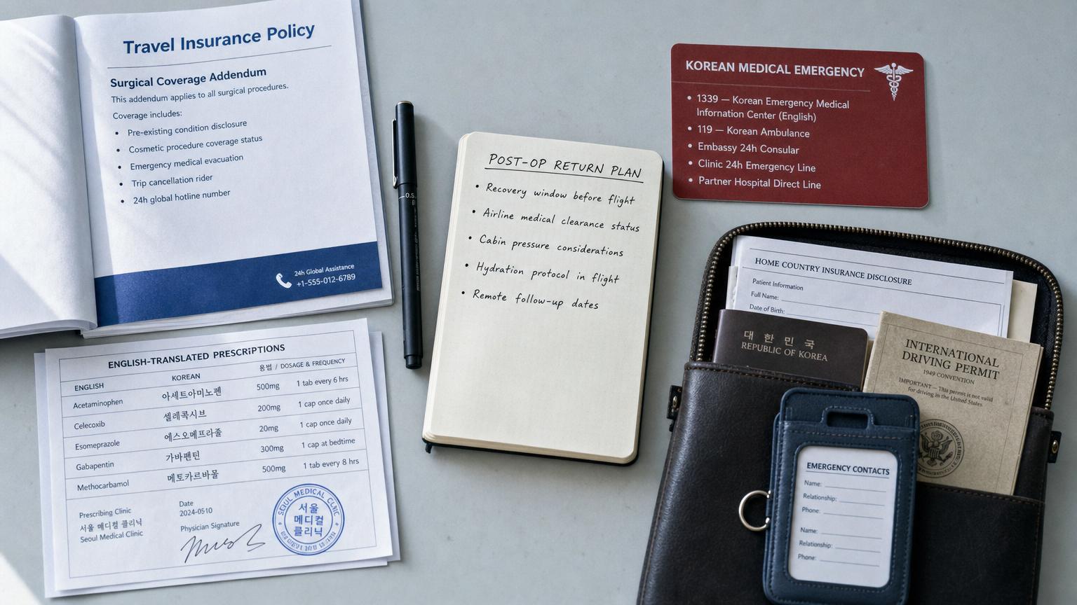 Insurance and emergency preparation layout — travel insurance surgical coverage addendum, Korean medical emergency contact card with 1339 hotline, bilingual prescription translation list, and post-op return plan notebook.