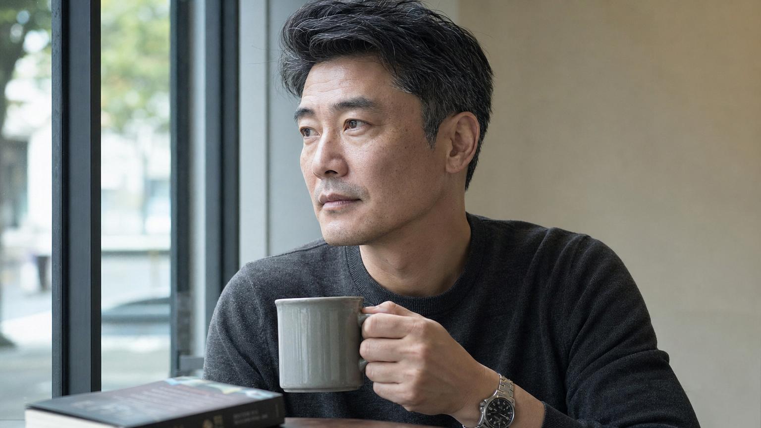 Korean men's plastic surgery 12-week settled result: refined masculine features, salt-and-pepper hair preserved, age markers visible.