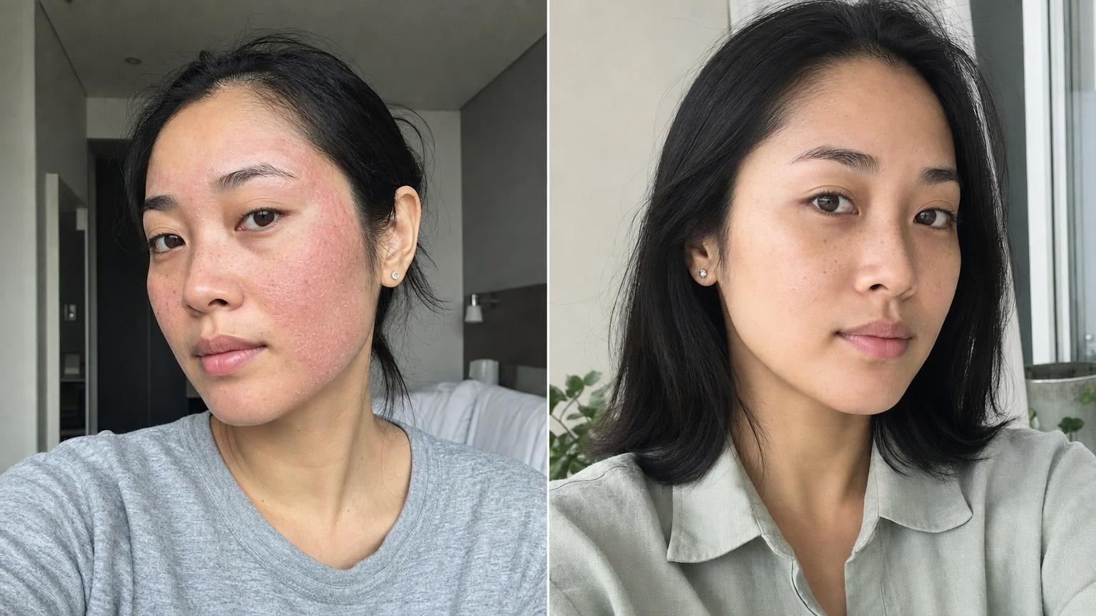 Before and after: day three redness and flaking after a laser session, and even skin tone eight weeks later
