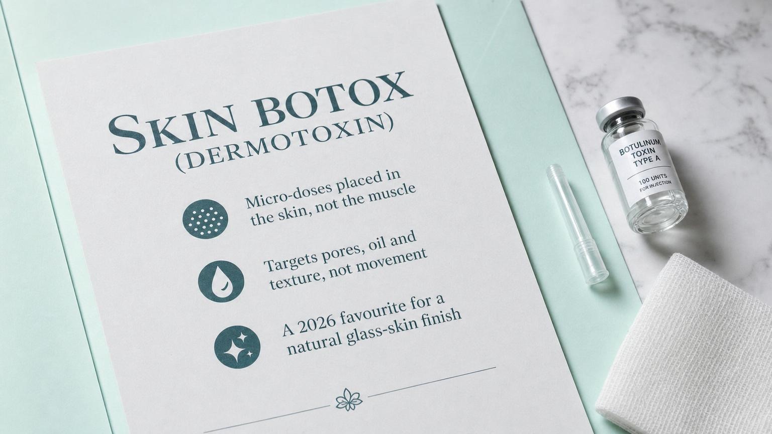 Skin botox (dermotoxin): micro-doses in the skin, not the muscle, for pores, oil and glass skin