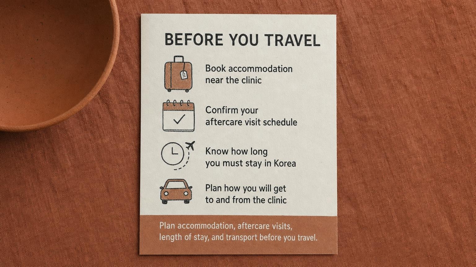 Before you travel: plan accommodation, aftercare visits, length of stay, and transport