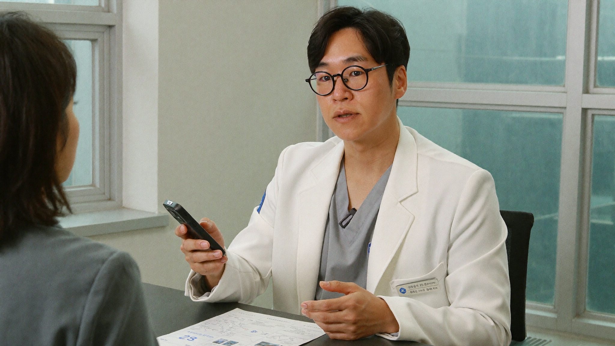 Dr. Sung Ha Min, co-director at Link Plastic Surgery, explaining the post-laser travel window to a patient before she flies home.