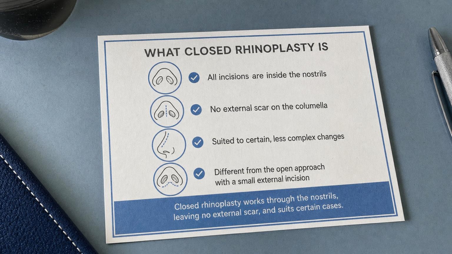 What closed rhinoplasty is: works through the nostrils, no external scar