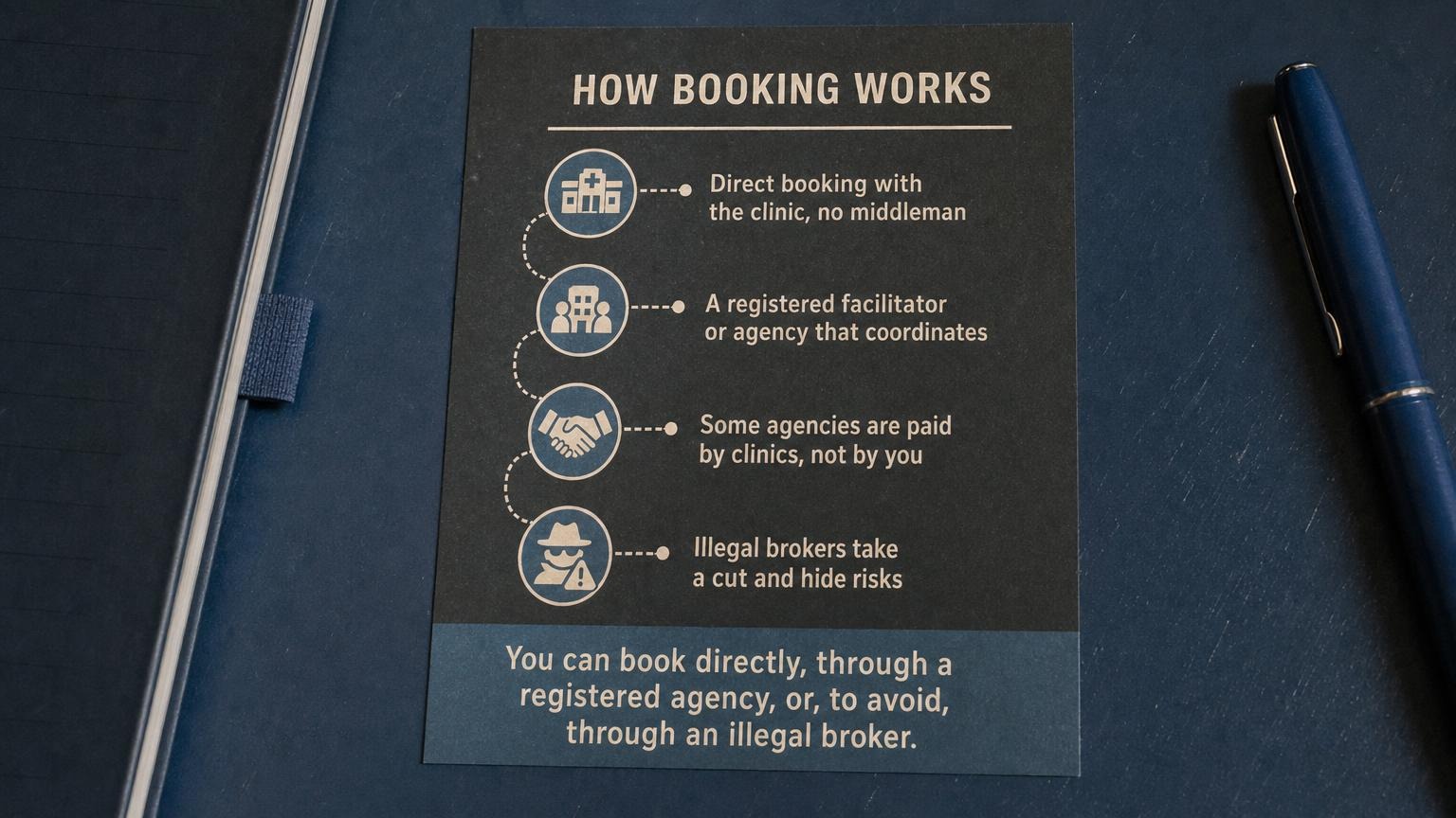 How booking works: direct, registered agency, or (avoid) illegal broker