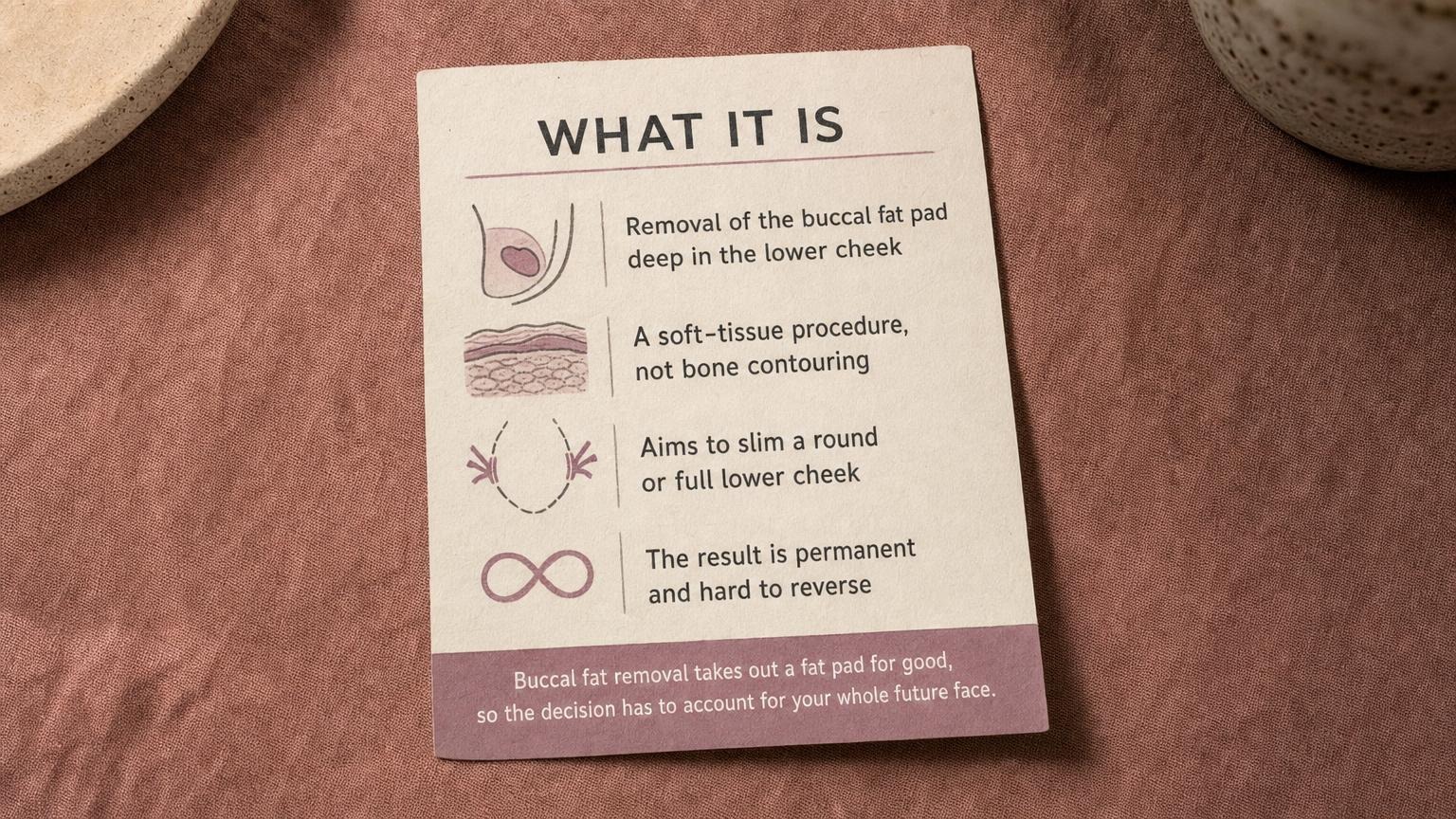 What buccal fat removal is: permanent removal of the buccal fat pad, a soft-tissue procedure
