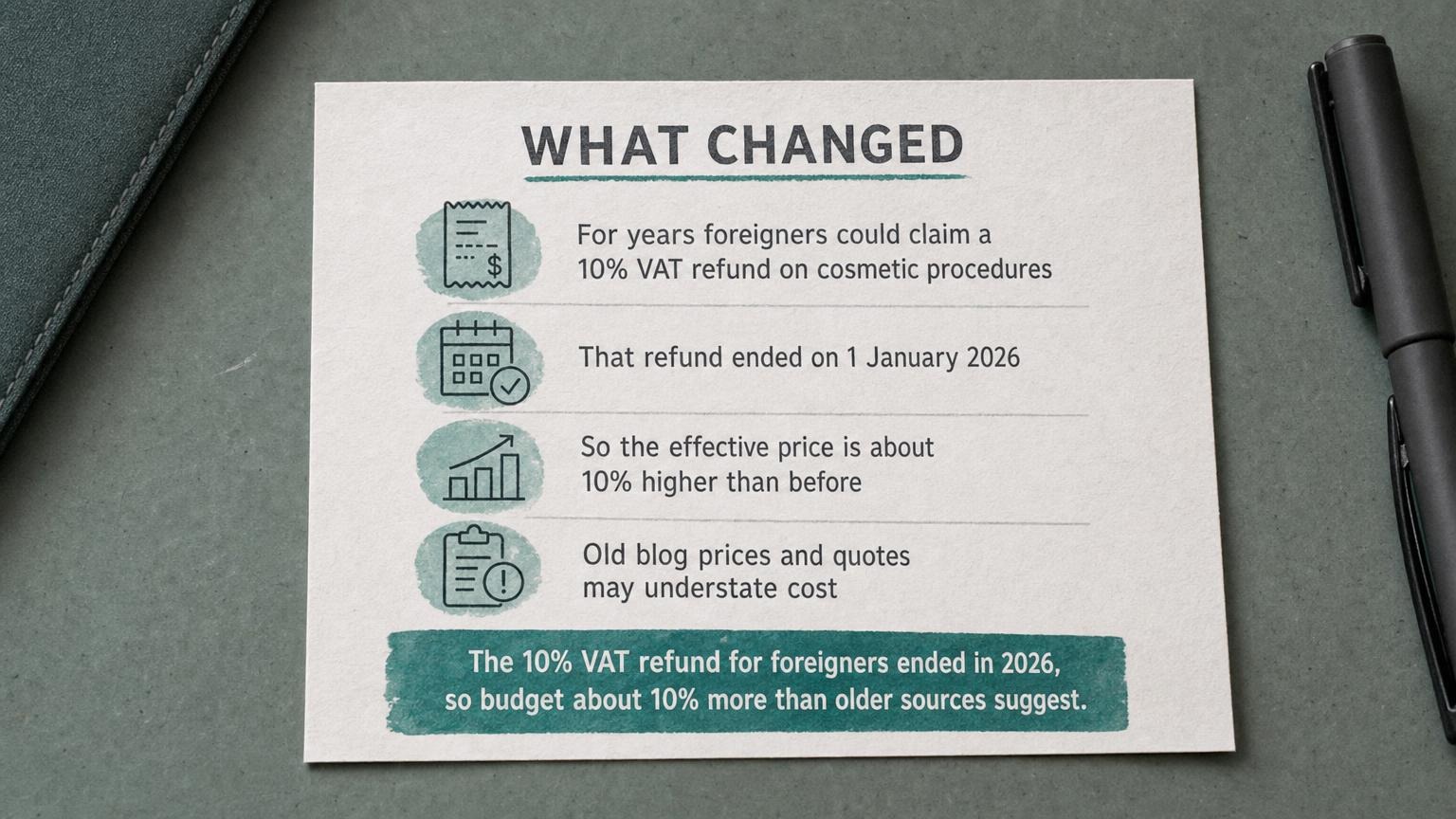 What changed: the 10% foreigner VAT refund ended in 2026, budget about 10% more