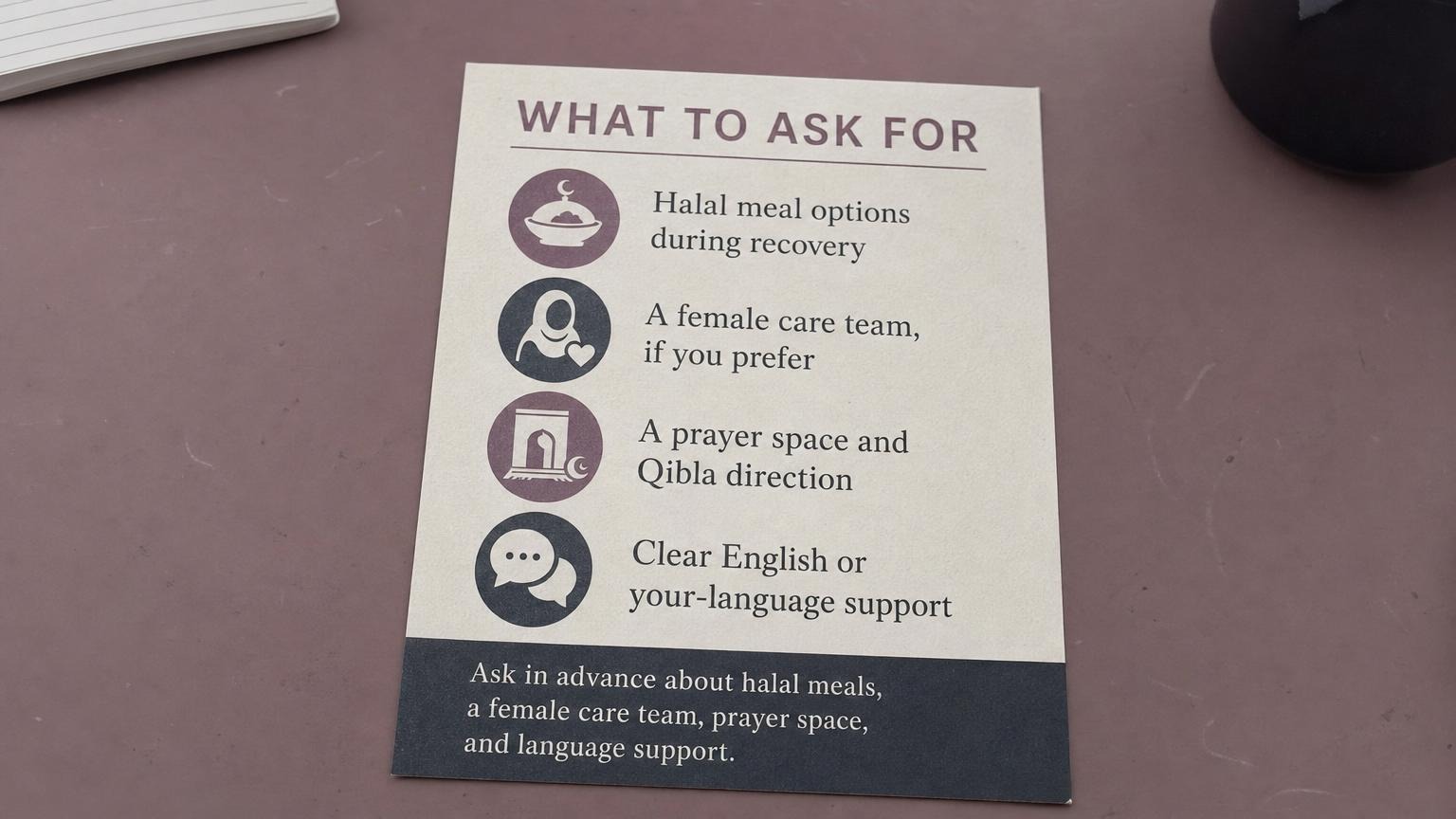 What to ask for: halal meals, a female care team, prayer space, language support