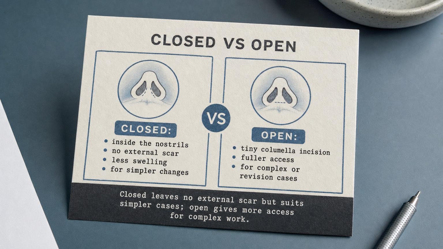 Closed vs open: closed leaves no scar but suits simpler cases; open gives more access