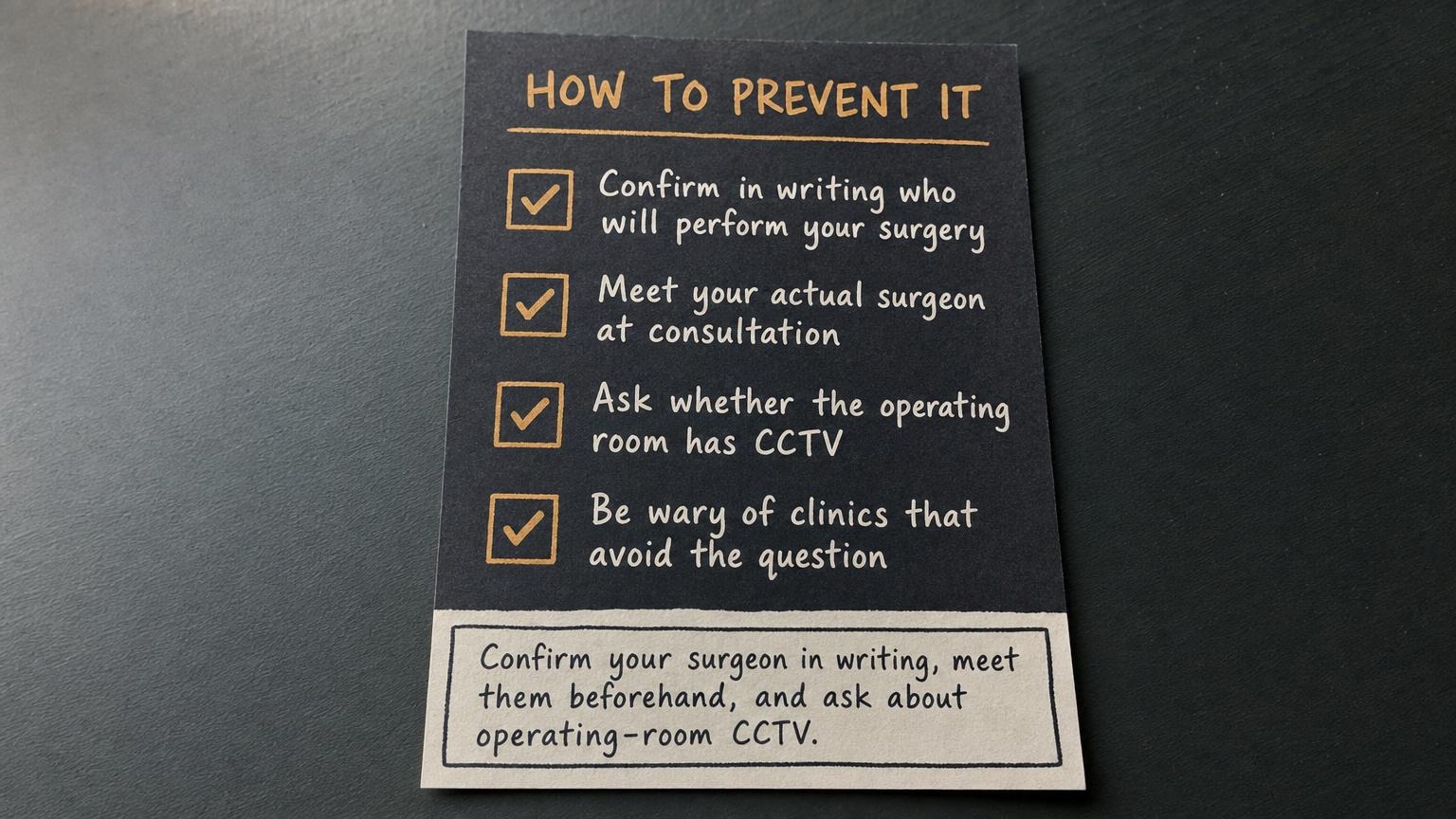 How to prevent it: confirm your surgeon in writing, meet them, ask about CCTV