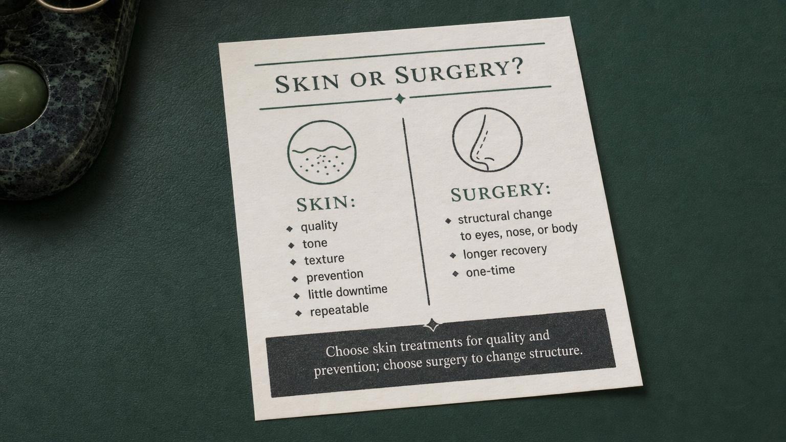 Skin or surgery? Skin for quality and prevention, surgery to change structure