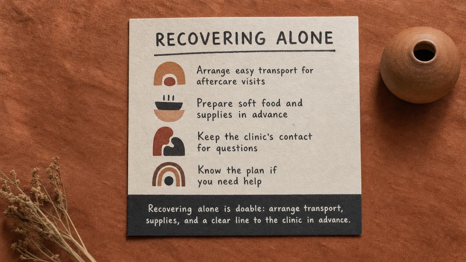 Recovering alone: arrange transport, supplies, and a clear line to the clinic